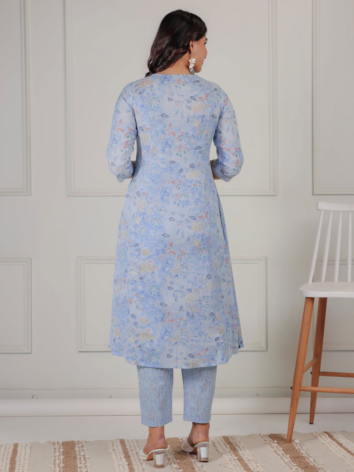 Soft Cotton Floral A-line Blue Kurta
