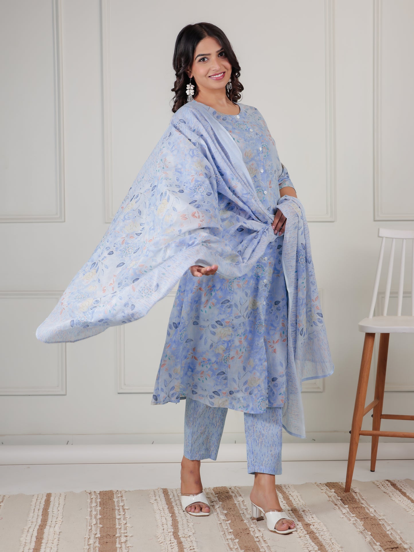 Soft Cotton Floral A-line Blue Kurta
