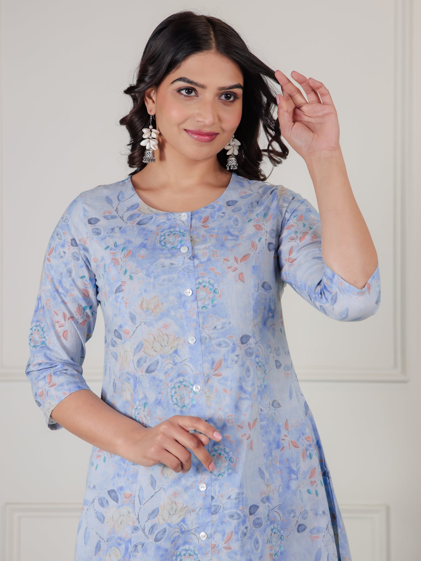 Soft Cotton Floral A-line Blue Kurta