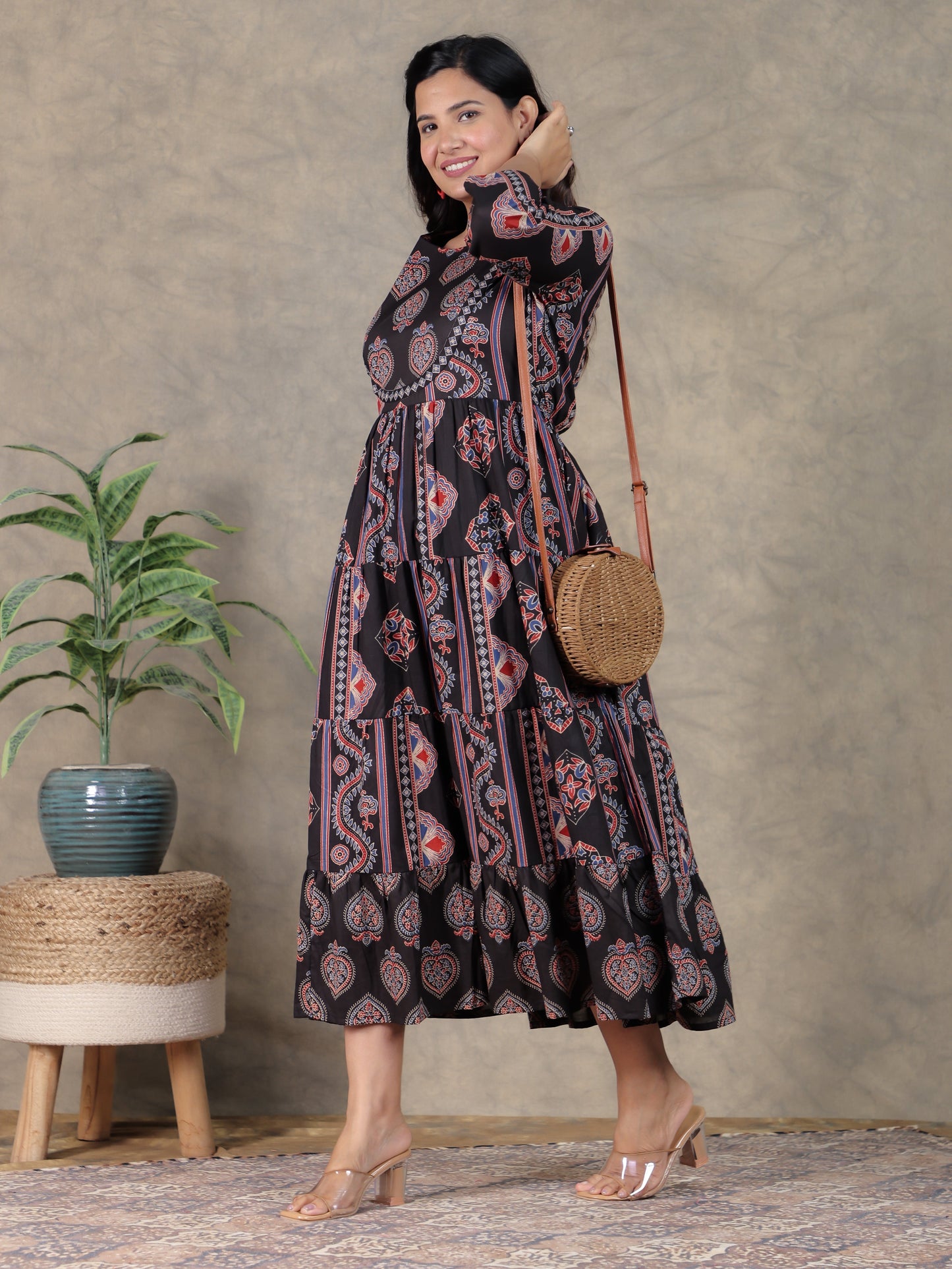 Soft Cotton Geometric Anarkali Black Dress