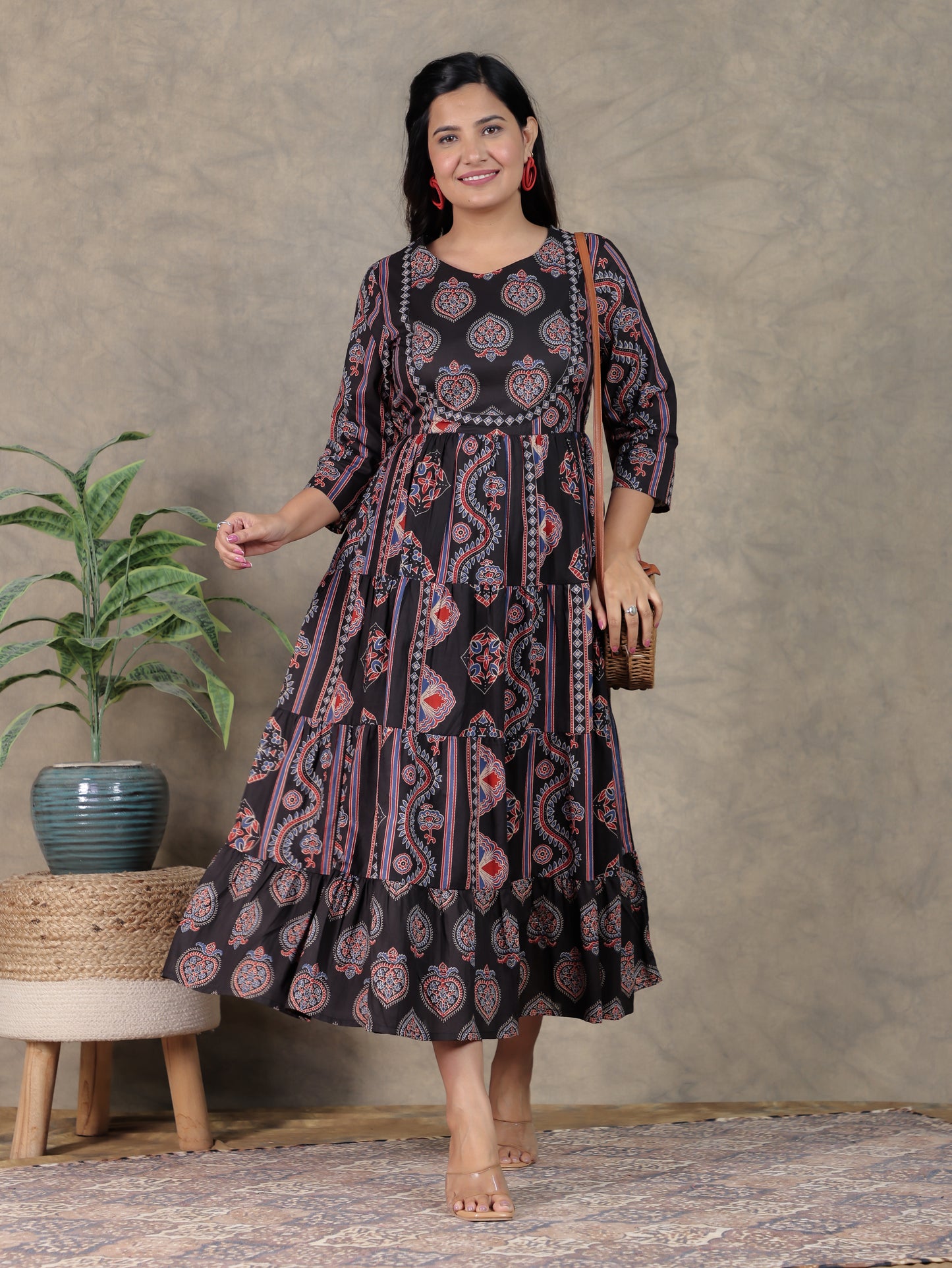 Soft Cotton Geometric Anarkali Black Dress