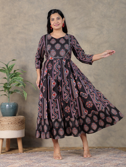 Soft Cotton Geometric Anarkali Black Dress