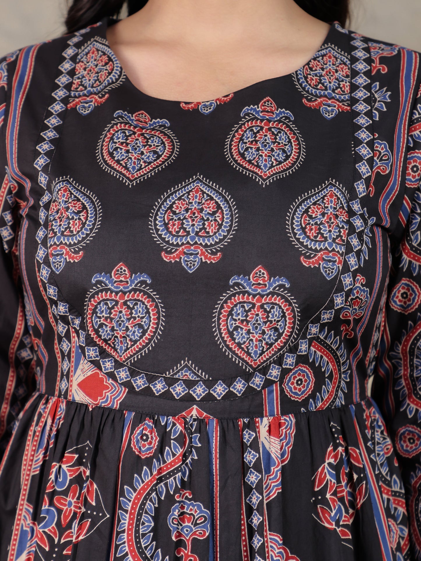 Soft Cotton Geometric Anarkali Black Dress