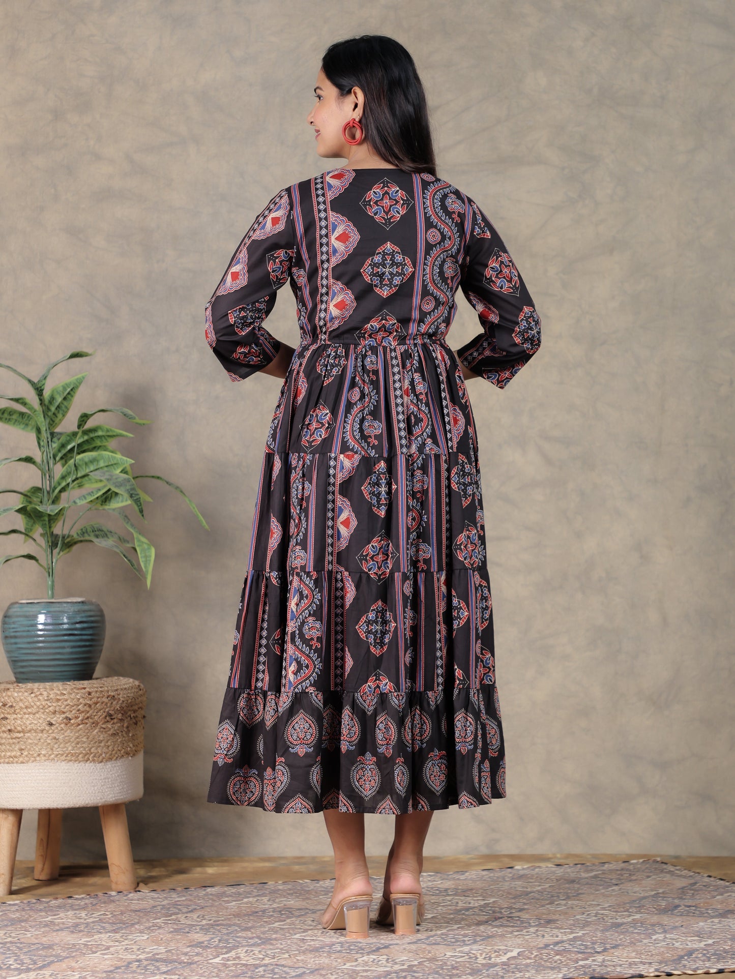 Soft Cotton Geometric Anarkali Black Dress