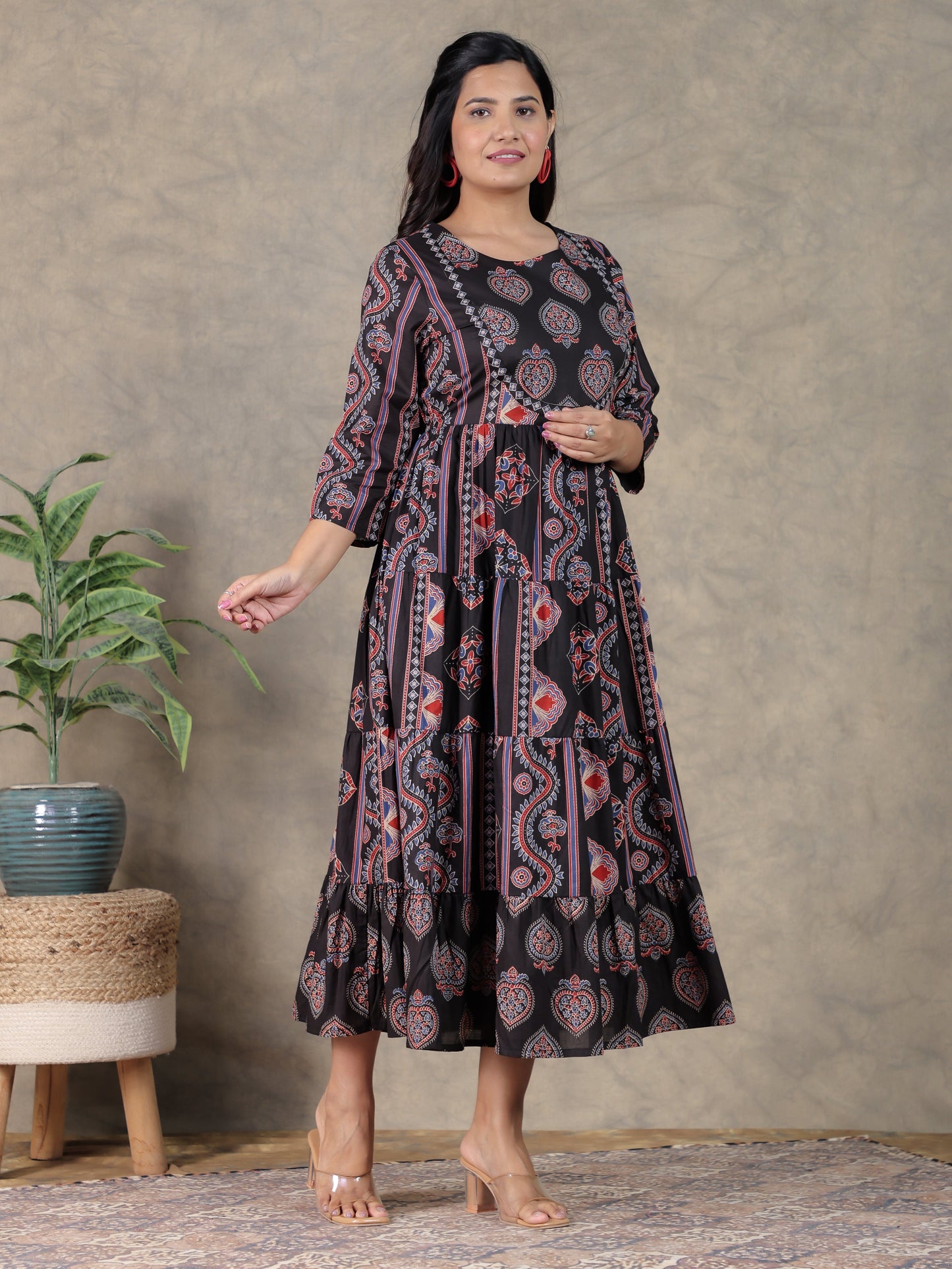 Soft Cotton Geometric Anarkali Black Dress