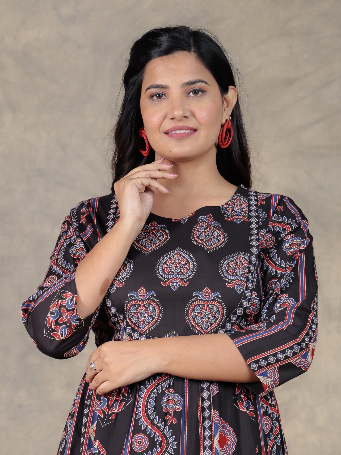 Soft Cotton Geometric Anarkali Black Dress