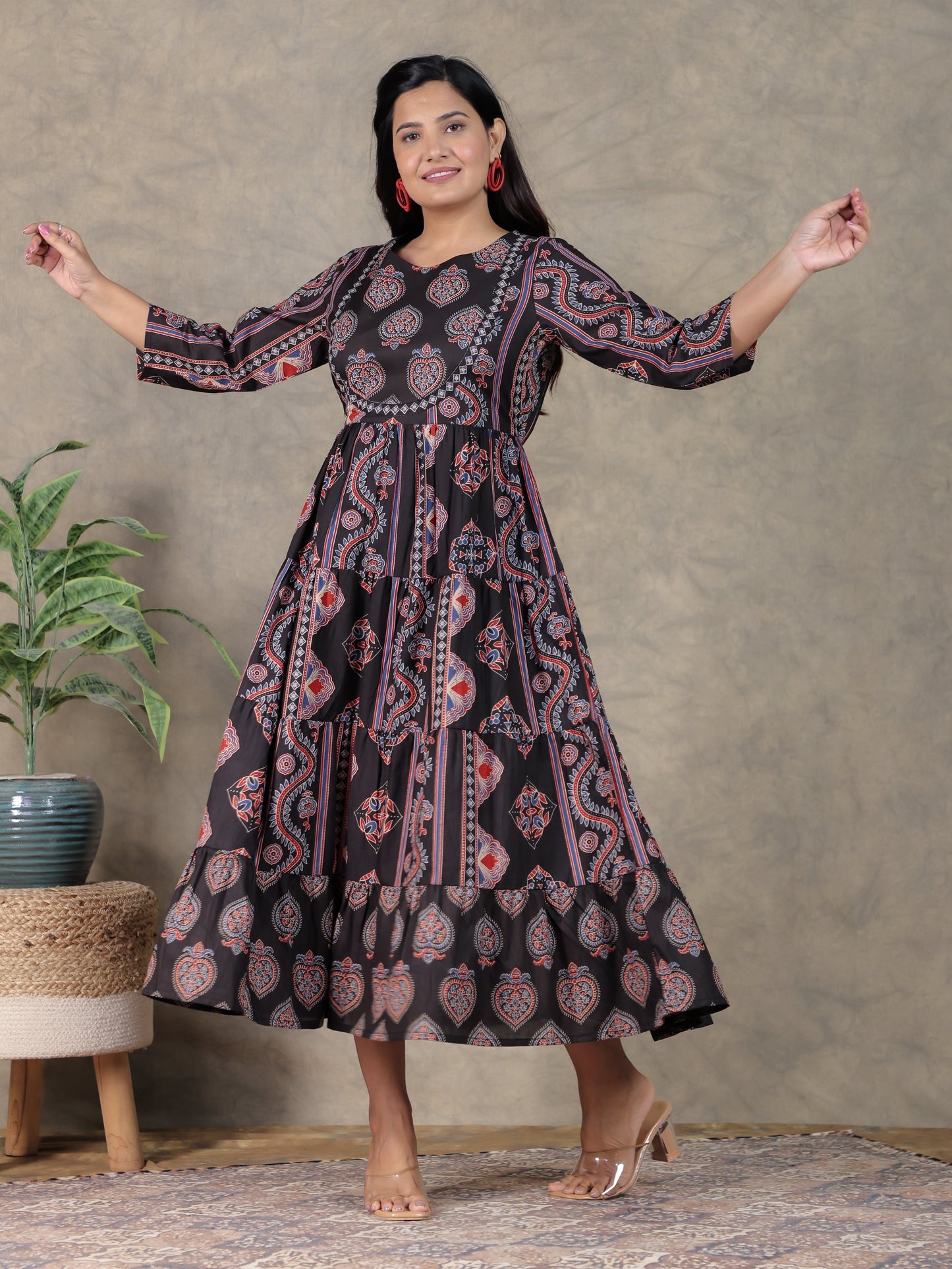 Soft Cotton Geometric Anarkali Black Dress