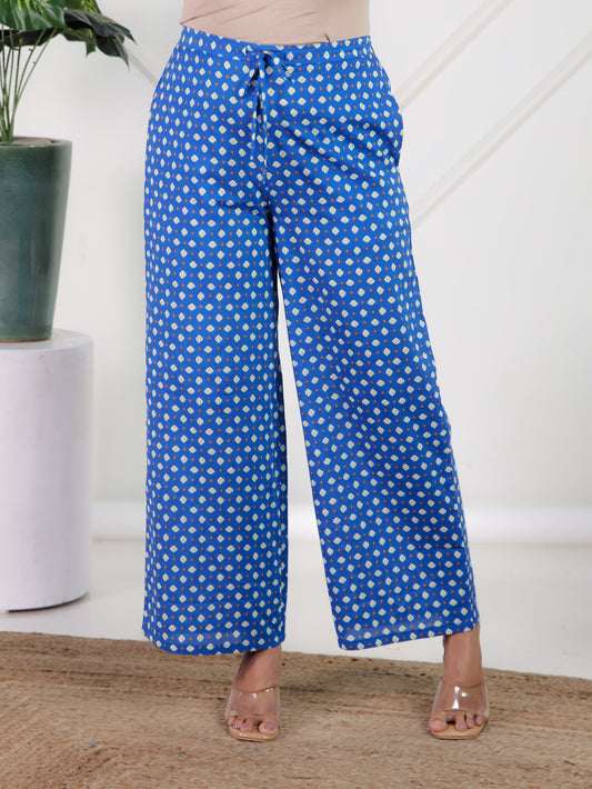 Soft Cotton Geometric Blue Flared Trousers