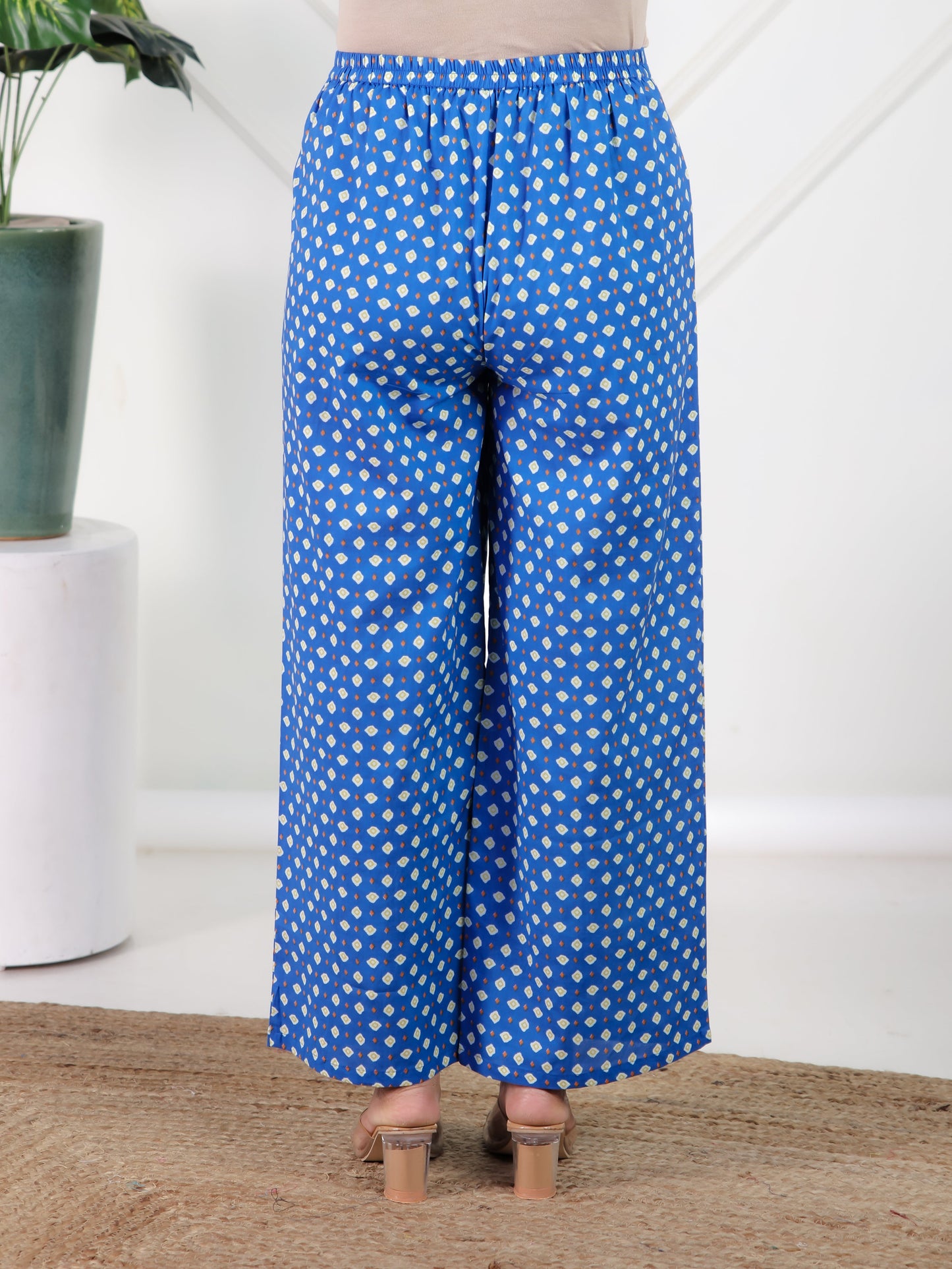 Soft Cotton Geometric Blue Flared Trousers