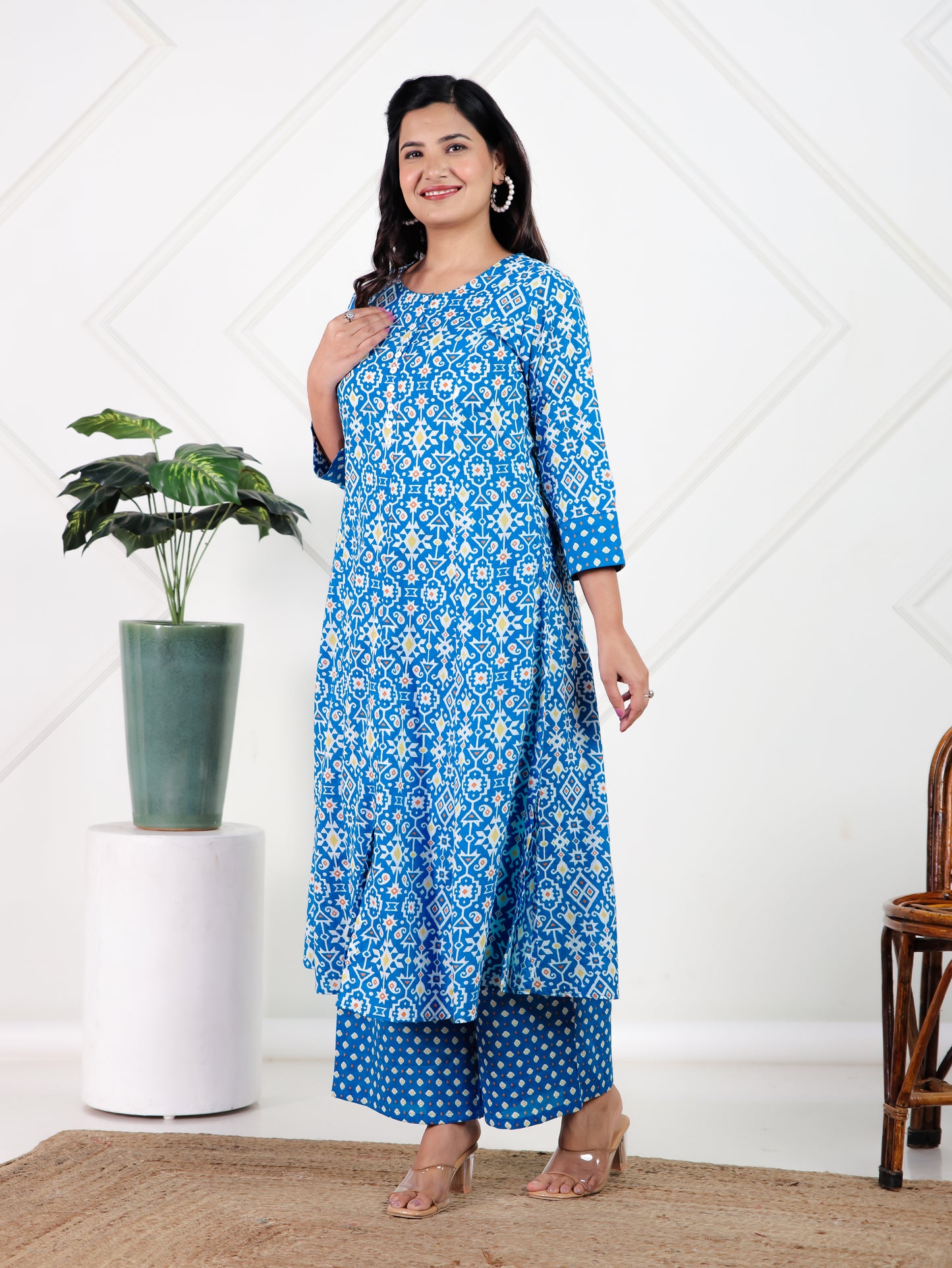Soft Cotton Geometric A-line Blue Kurta