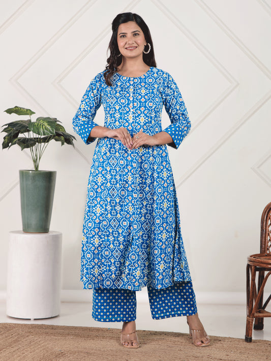 Soft Cotton Geometric A-line Blue Kurta