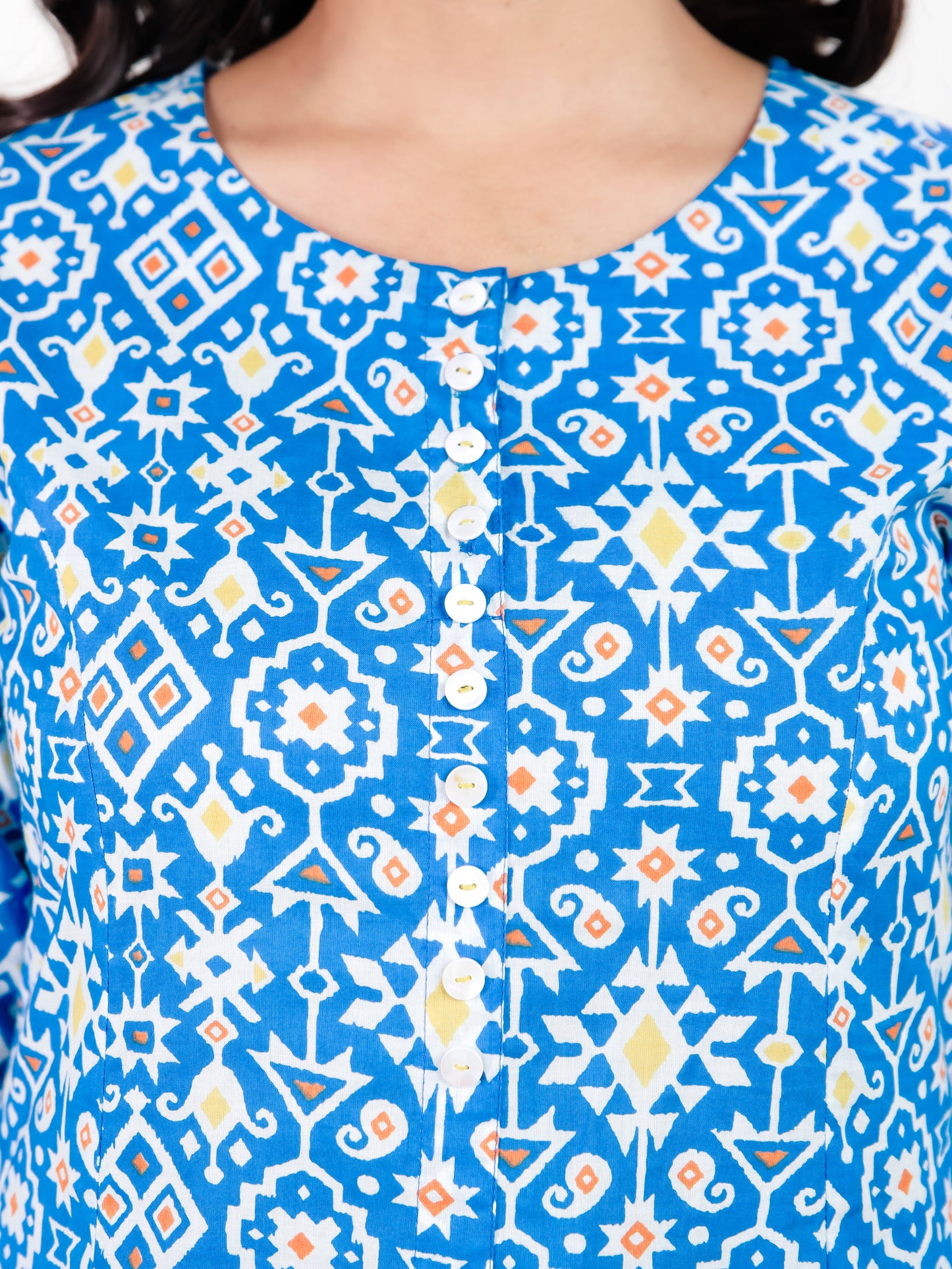 Soft Cotton Geometric A-line Blue Kurta