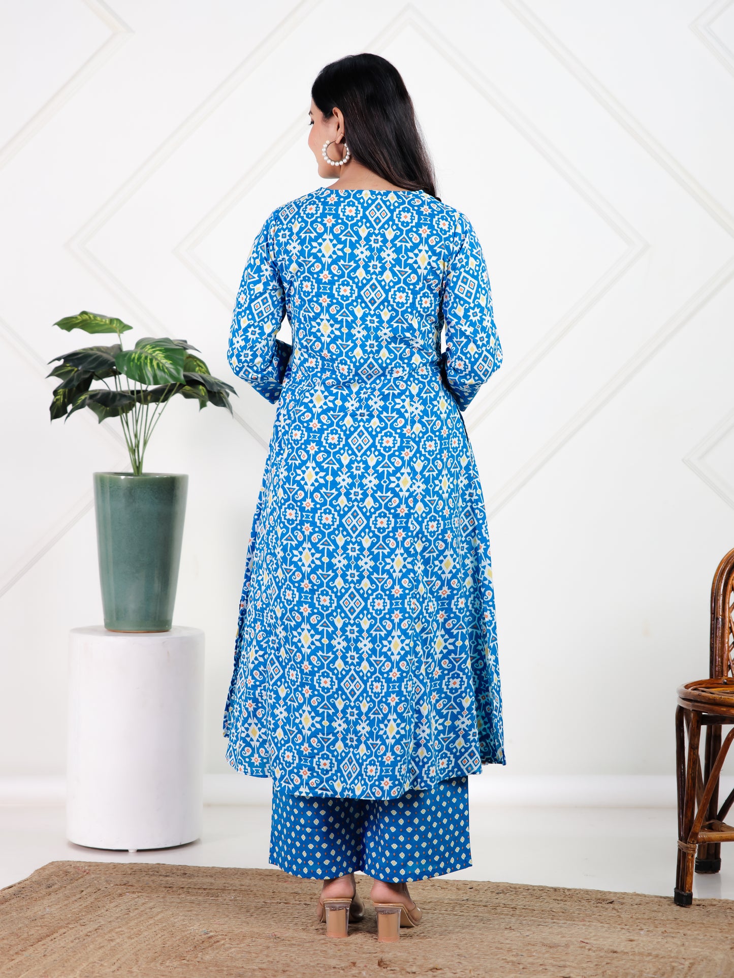 Soft Cotton Geometric A-line Blue Kurta