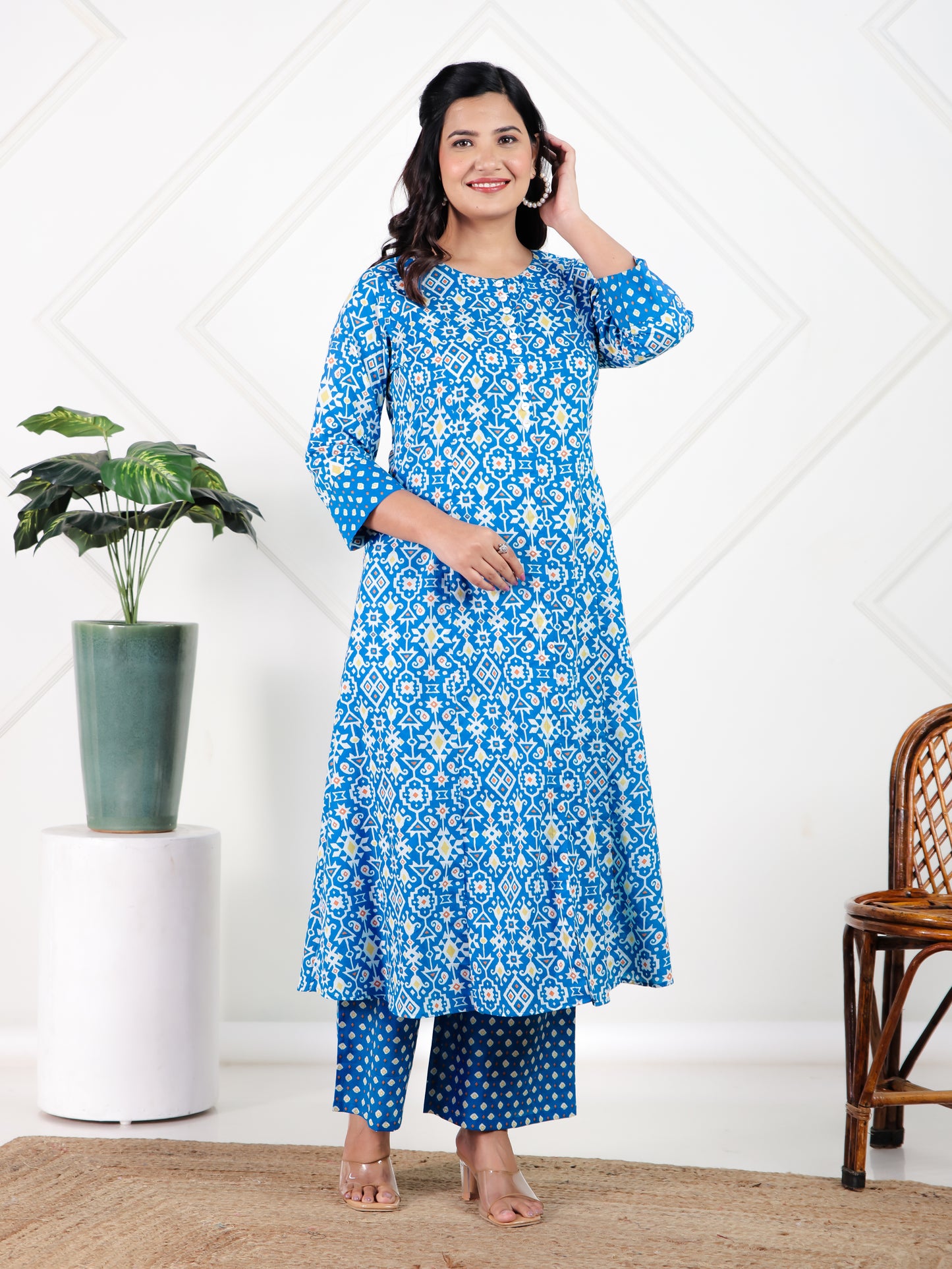 Soft Cotton Geometric A-line Blue Kurta