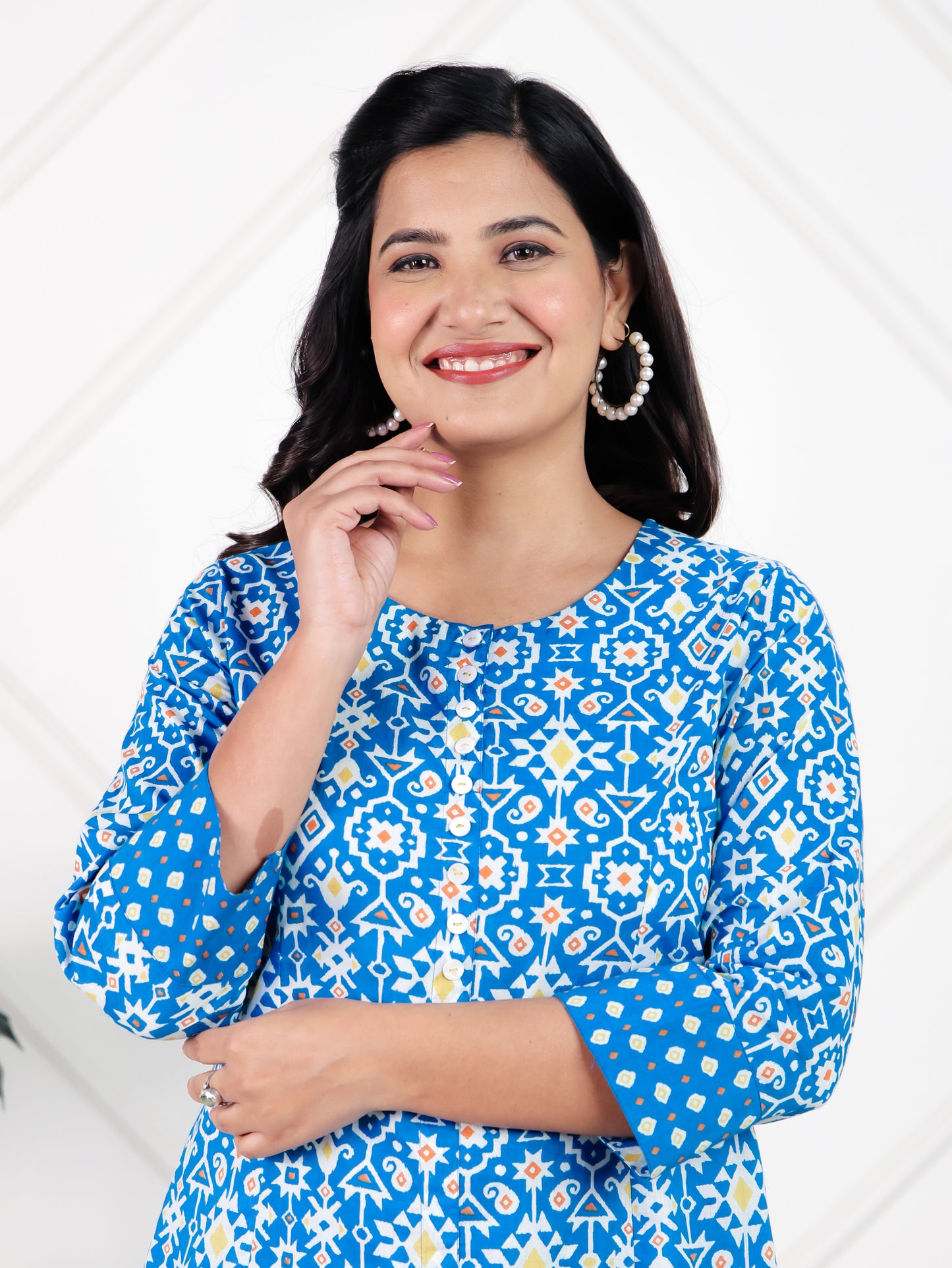 Soft Cotton Geometric A-line Blue Kurta