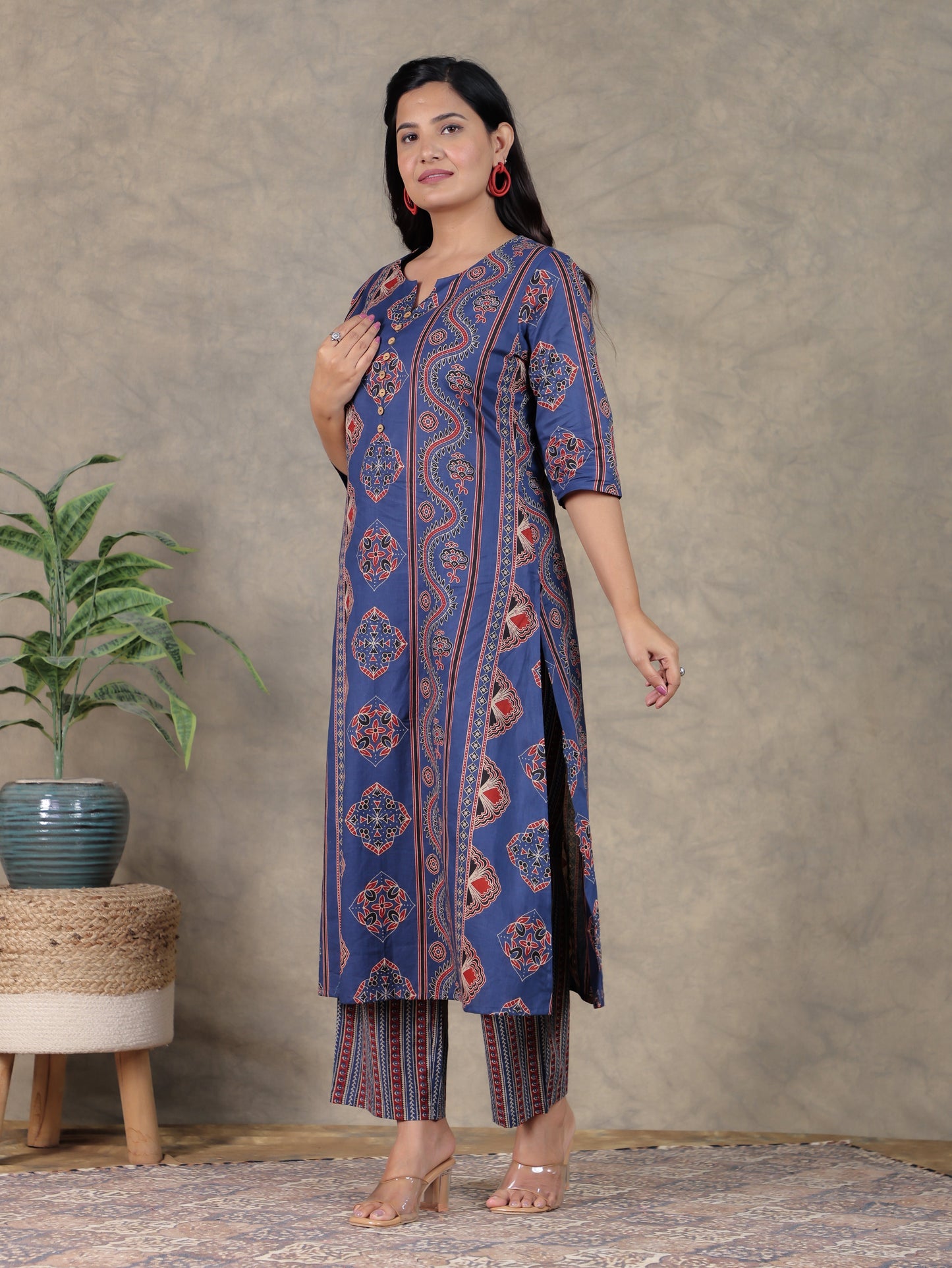 Soft Cotton Geometric A-line Blue Kurta