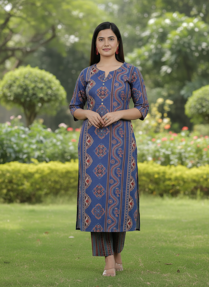 Soft Cotton Geometric A-line Indigo Blue Kurta