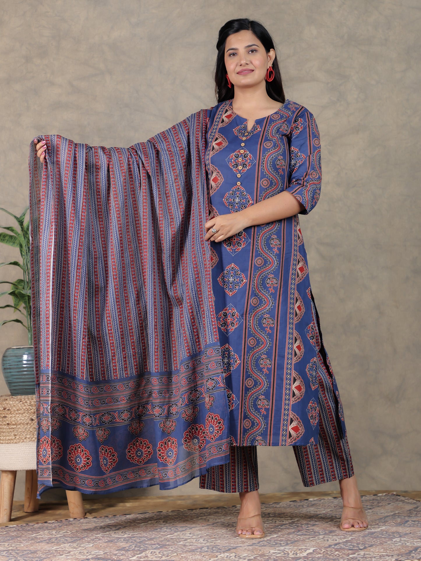 Soft Cotton Geometric A-line Indigo Kurta