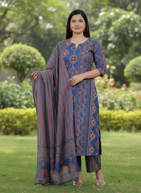 Cotton Voile Striped Indigo Blue Dupatta