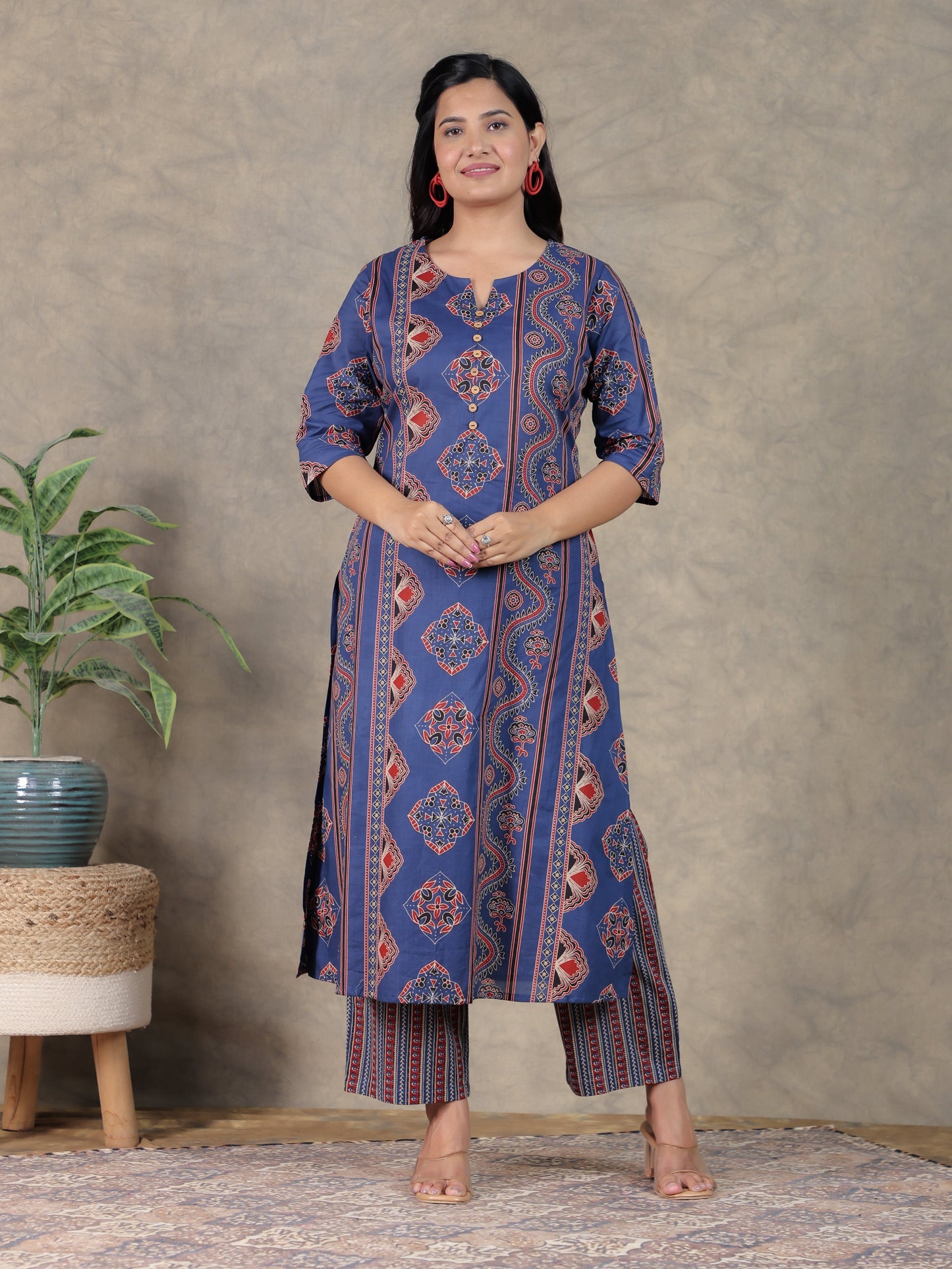 Soft Cotton Geometric A-line Blue Kurta