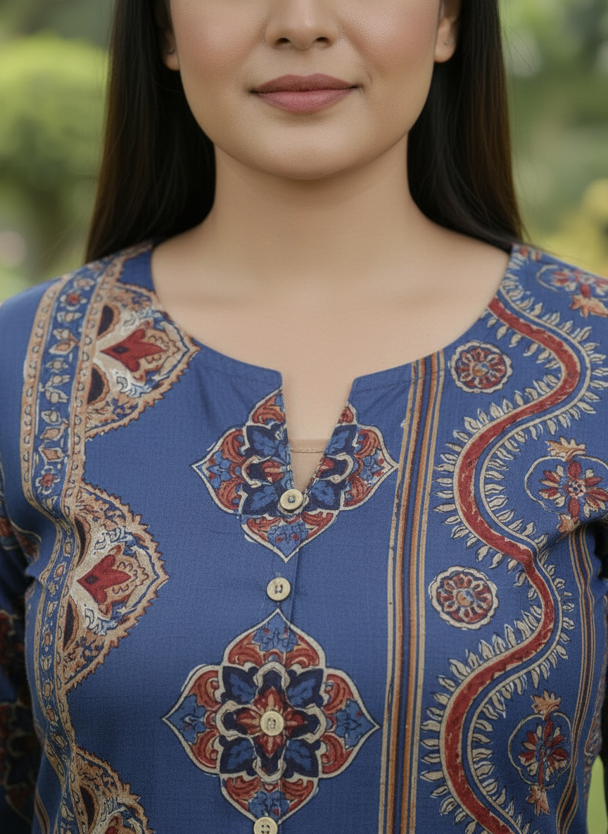 Soft Cotton Geometric A-line Indigo Blue Kurta
