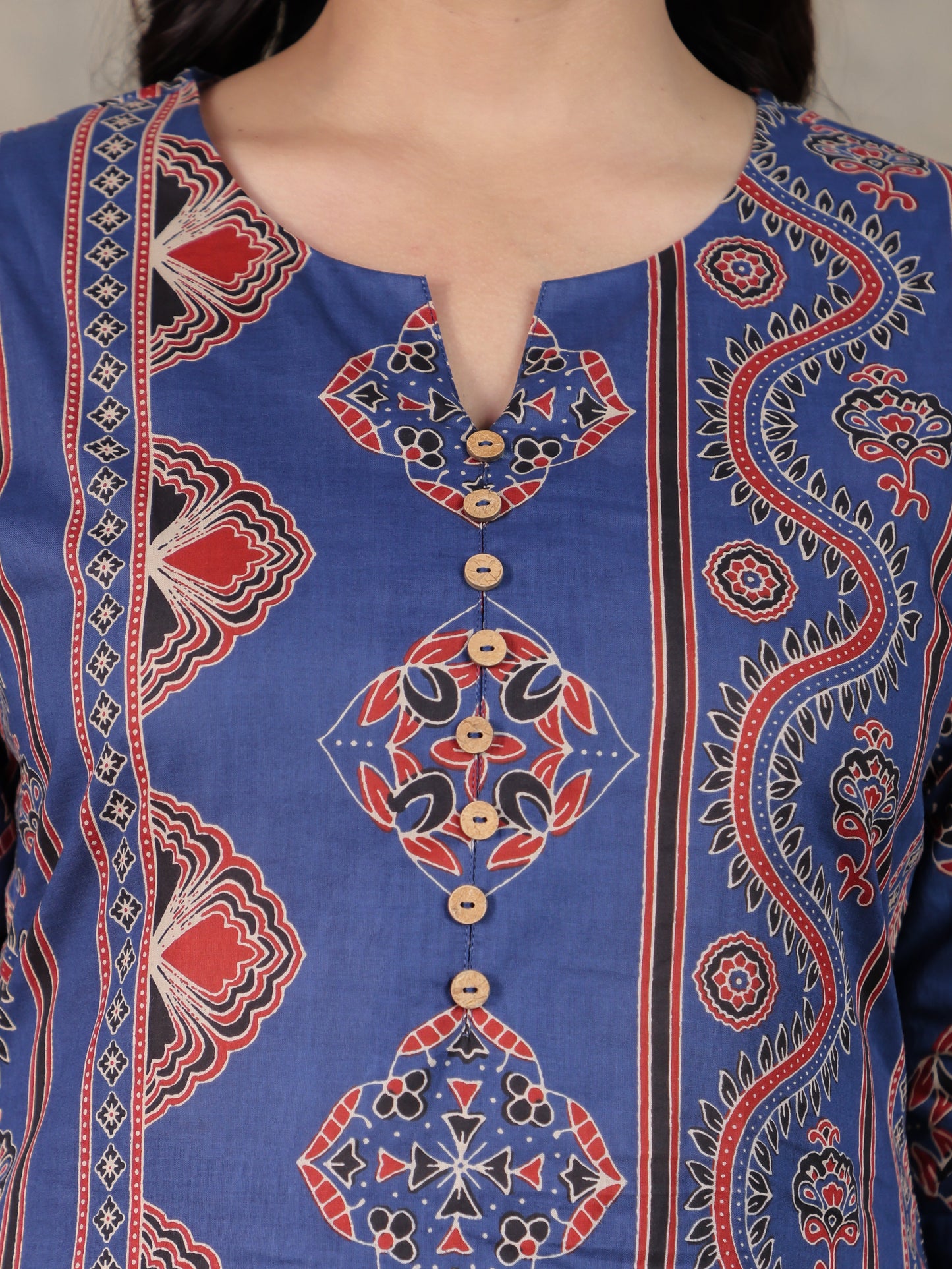 Soft Cotton Geometric A-line Indigo Kurta