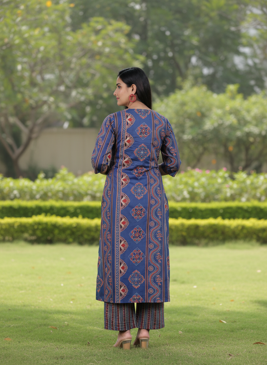 Soft Cotton Geometric A-line Indigo Blue Kurta