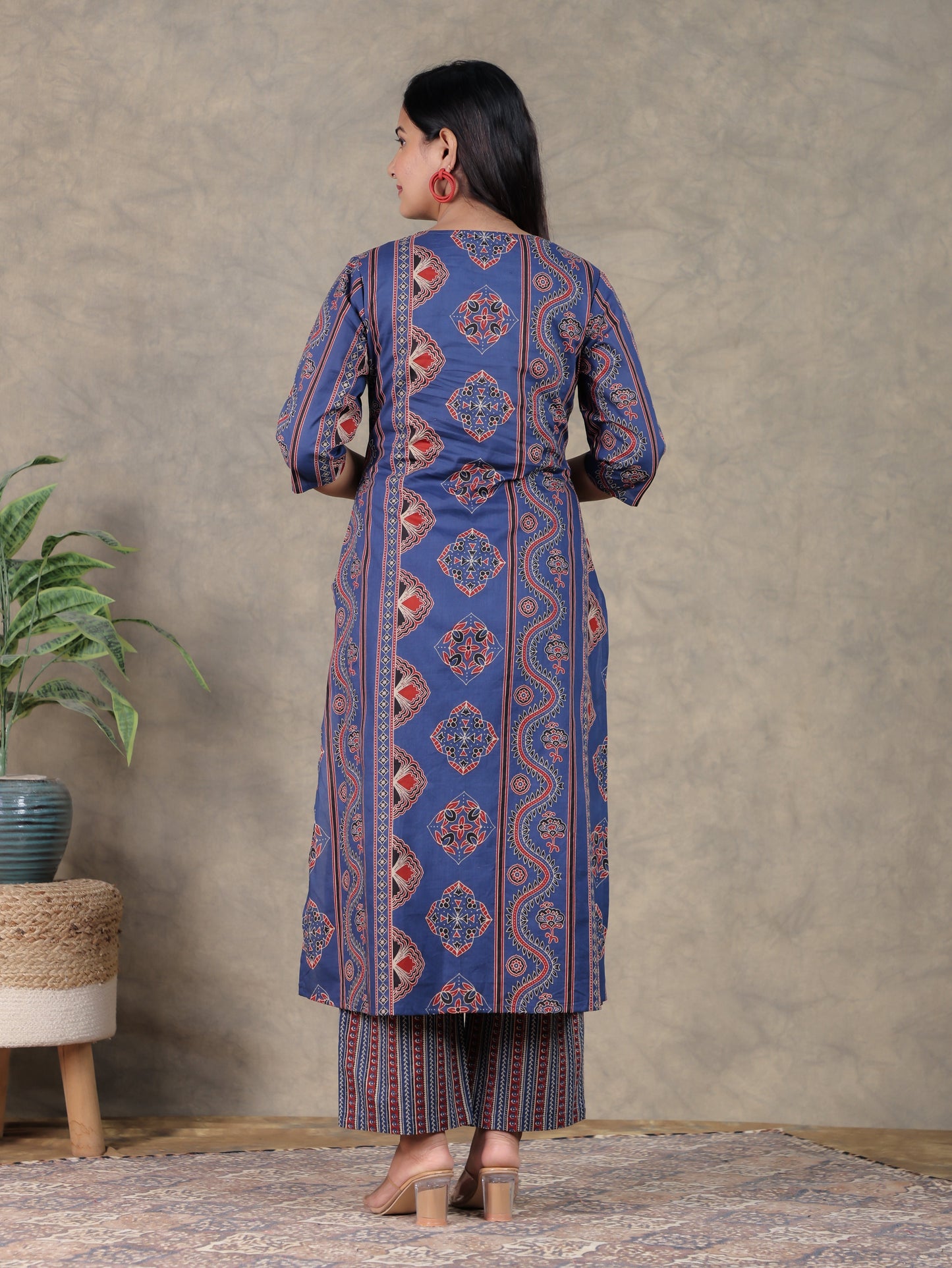 Soft Cotton Geometric A-line Blue Kurta