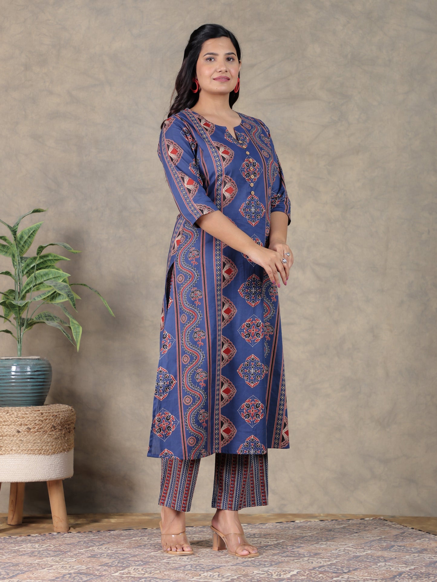 Soft Cotton Geometric A-line Blue Kurta