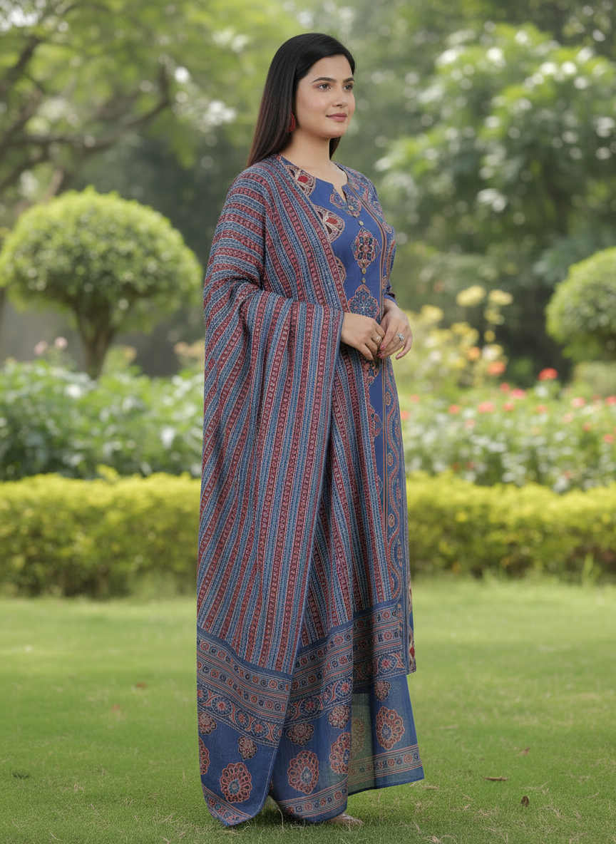 Cotton Voile Striped Indigo Blue Dupatta