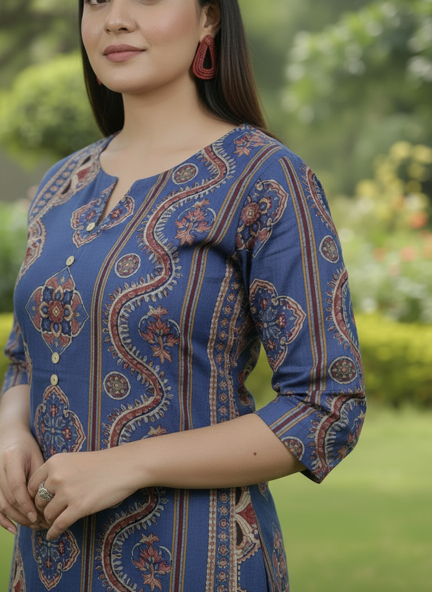Soft Cotton Geometric A-line Indigo Blue Kurta