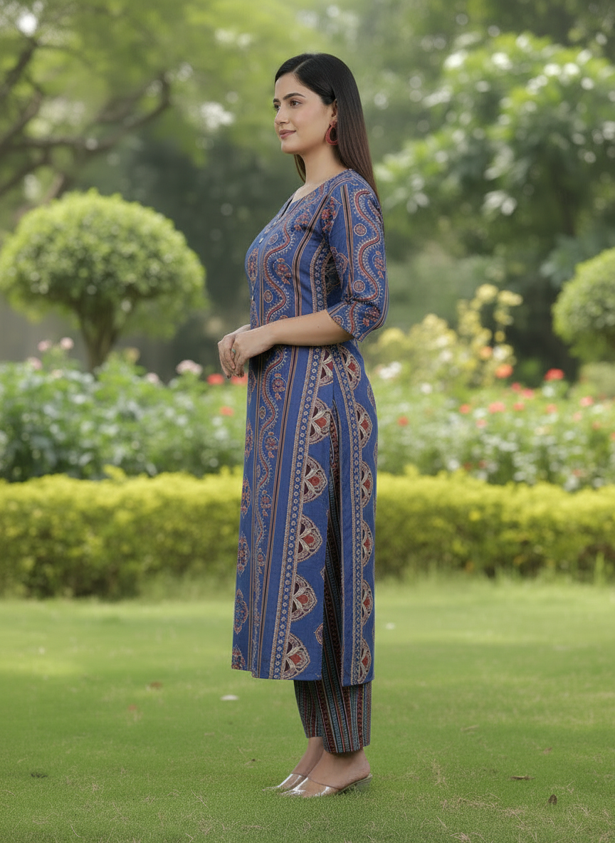 Soft Cotton Geometric A-line Indigo Blue Kurta