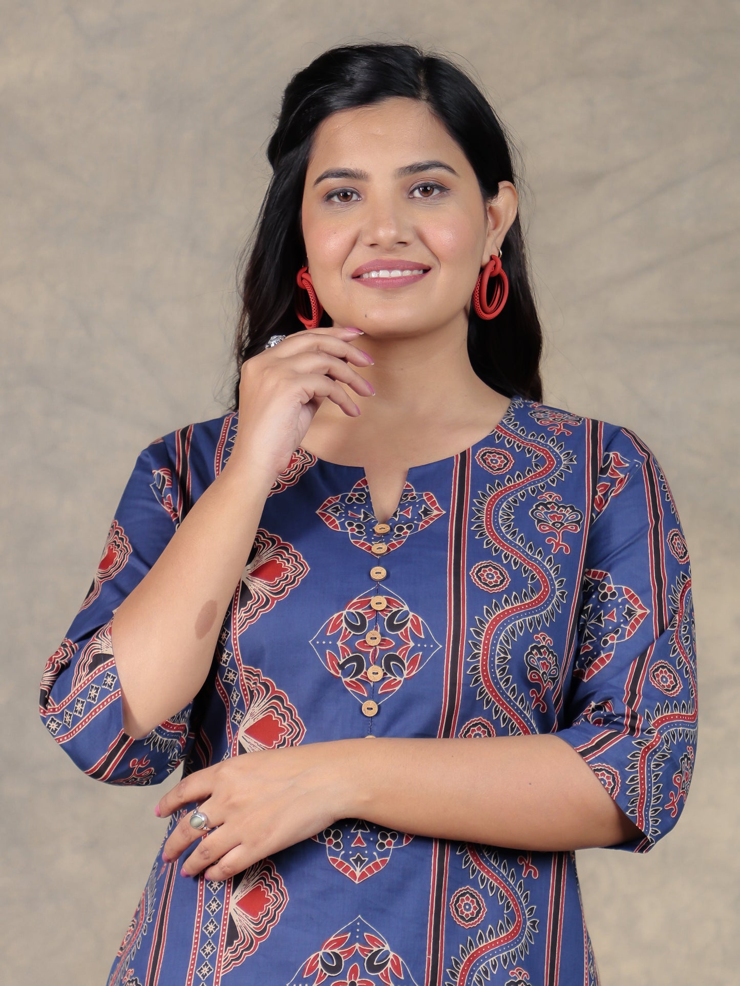 Soft Cotton Geometric A-line Indigo Kurta