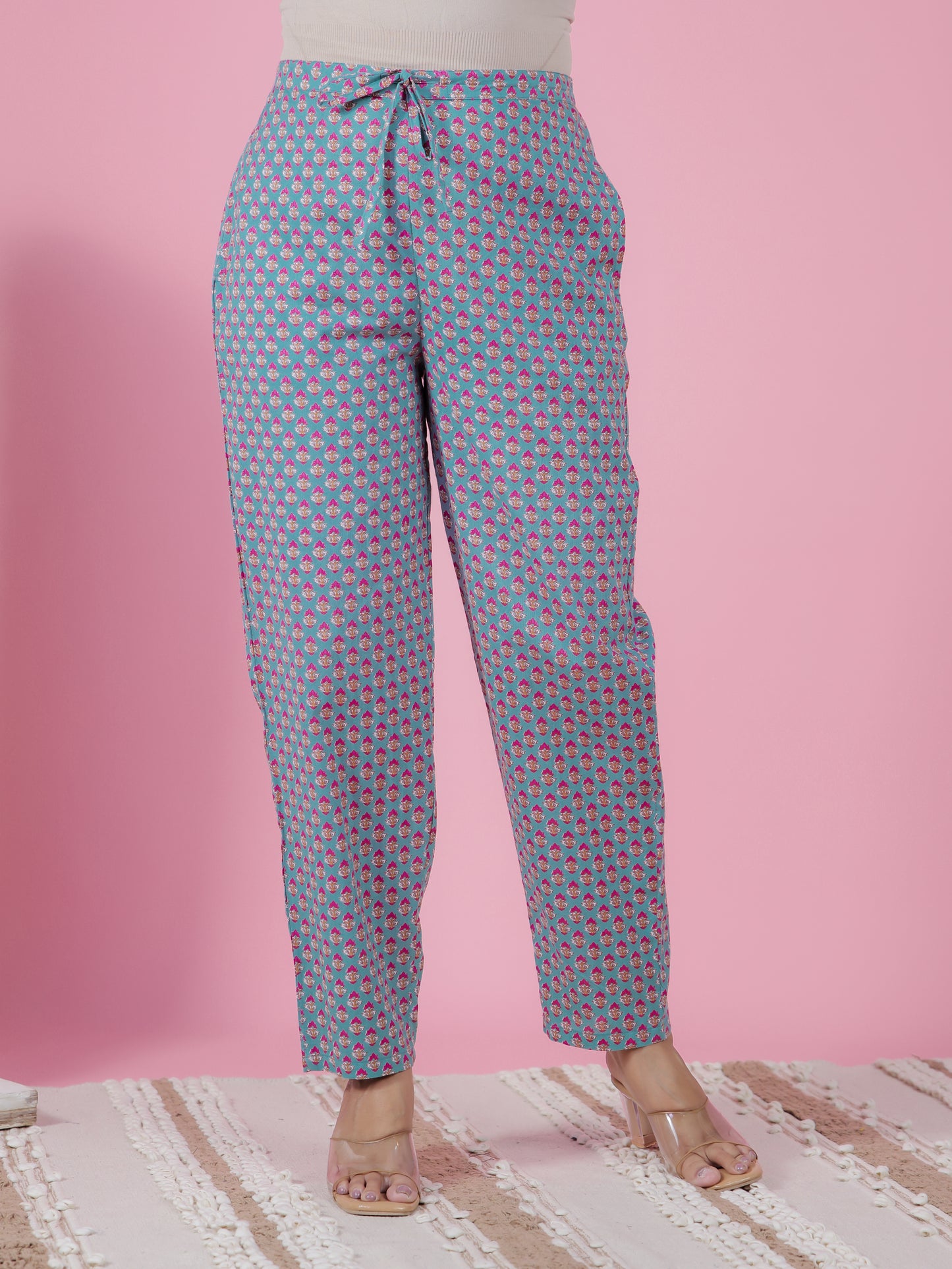 Soft Cotton Butti Turquoise Tapered Trousers