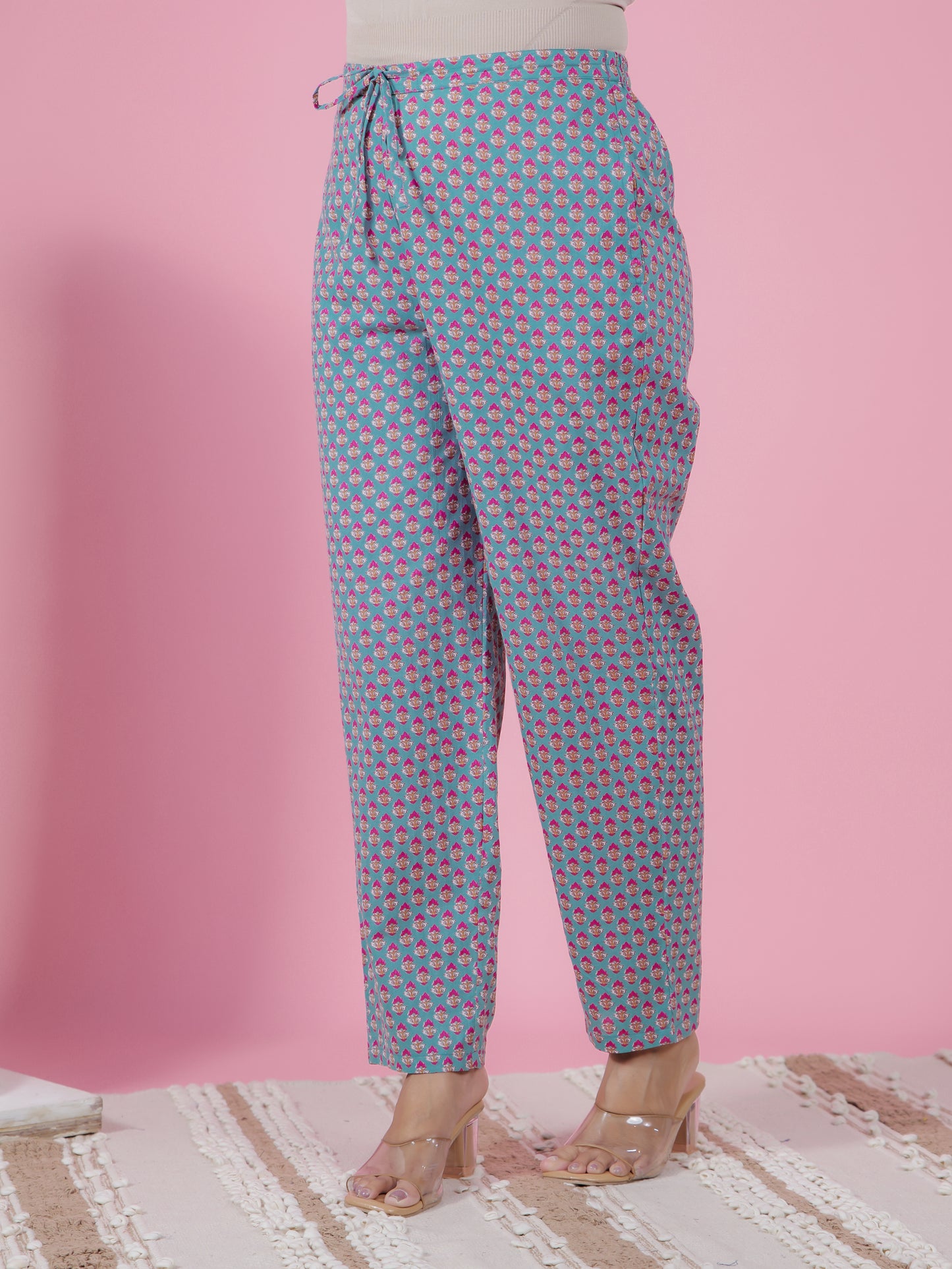 Soft Cotton Butti Turquoise Tapered Trousers
