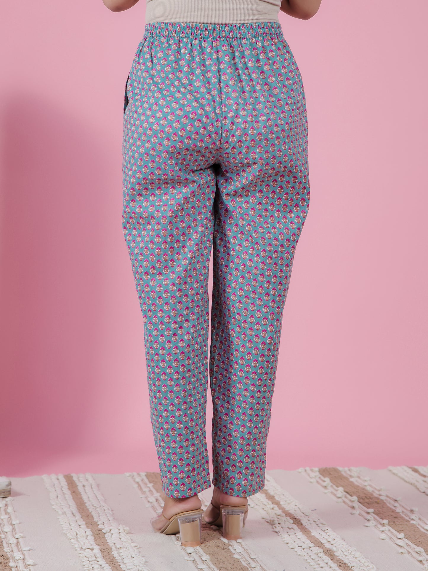 Soft Cotton Butti Turquoise Tapered Trousers