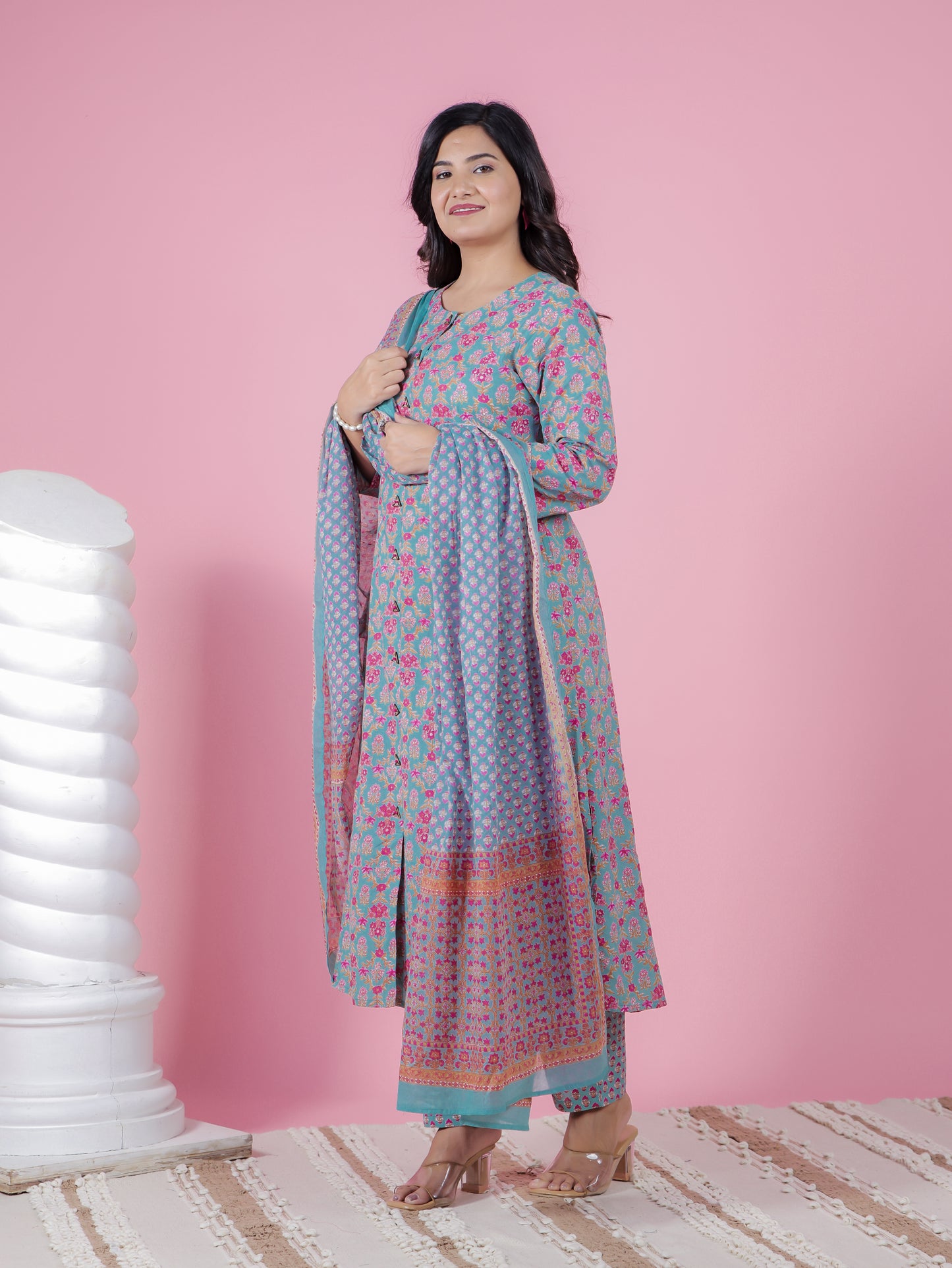 Soft Cotton Floral Flared Turquoise Kurta