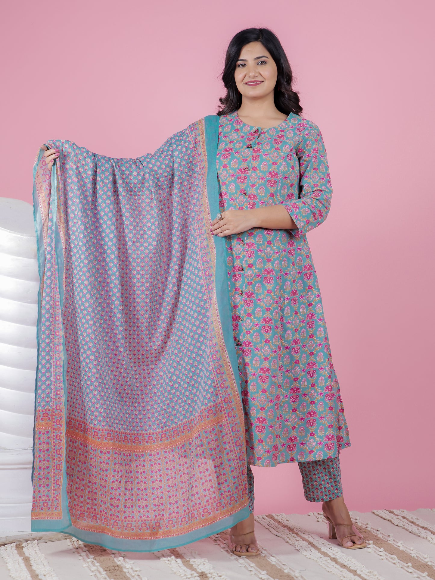 Soft Cotton Floral Flared Turquoise Kurta