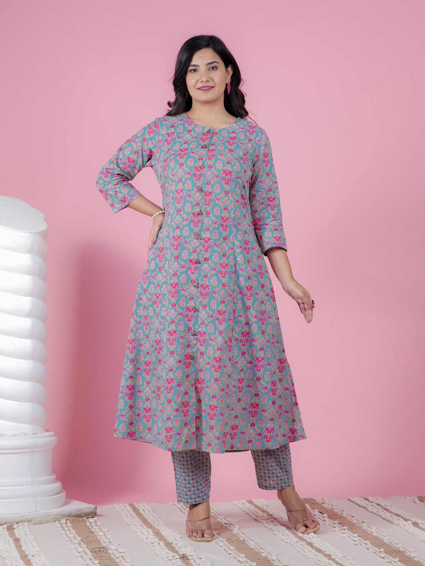 Soft Cotton Floral Flared Turquoise Kurta