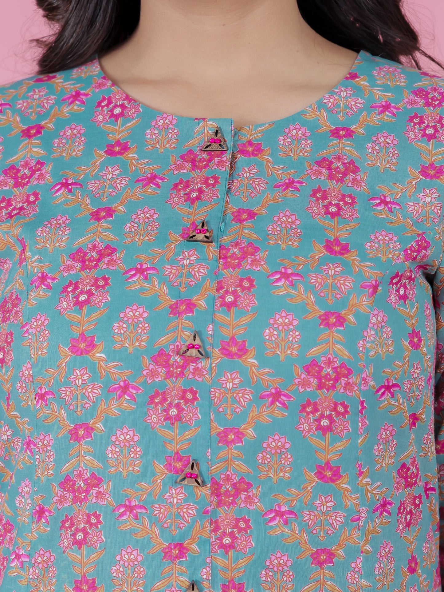 Soft Cotton Floral Flared Turquoise Kurta