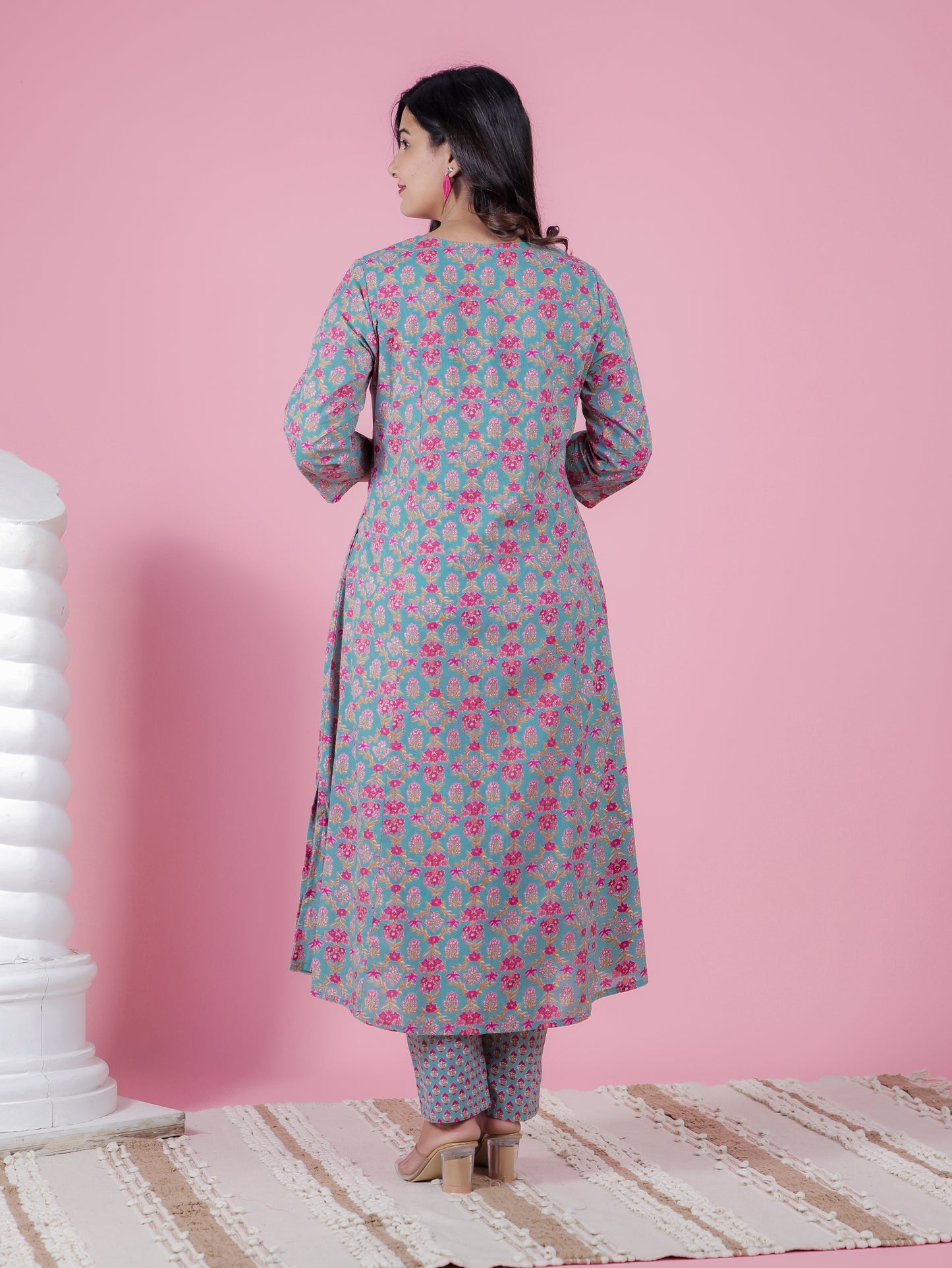 Soft Cotton Floral Flared Turquoise Kurta