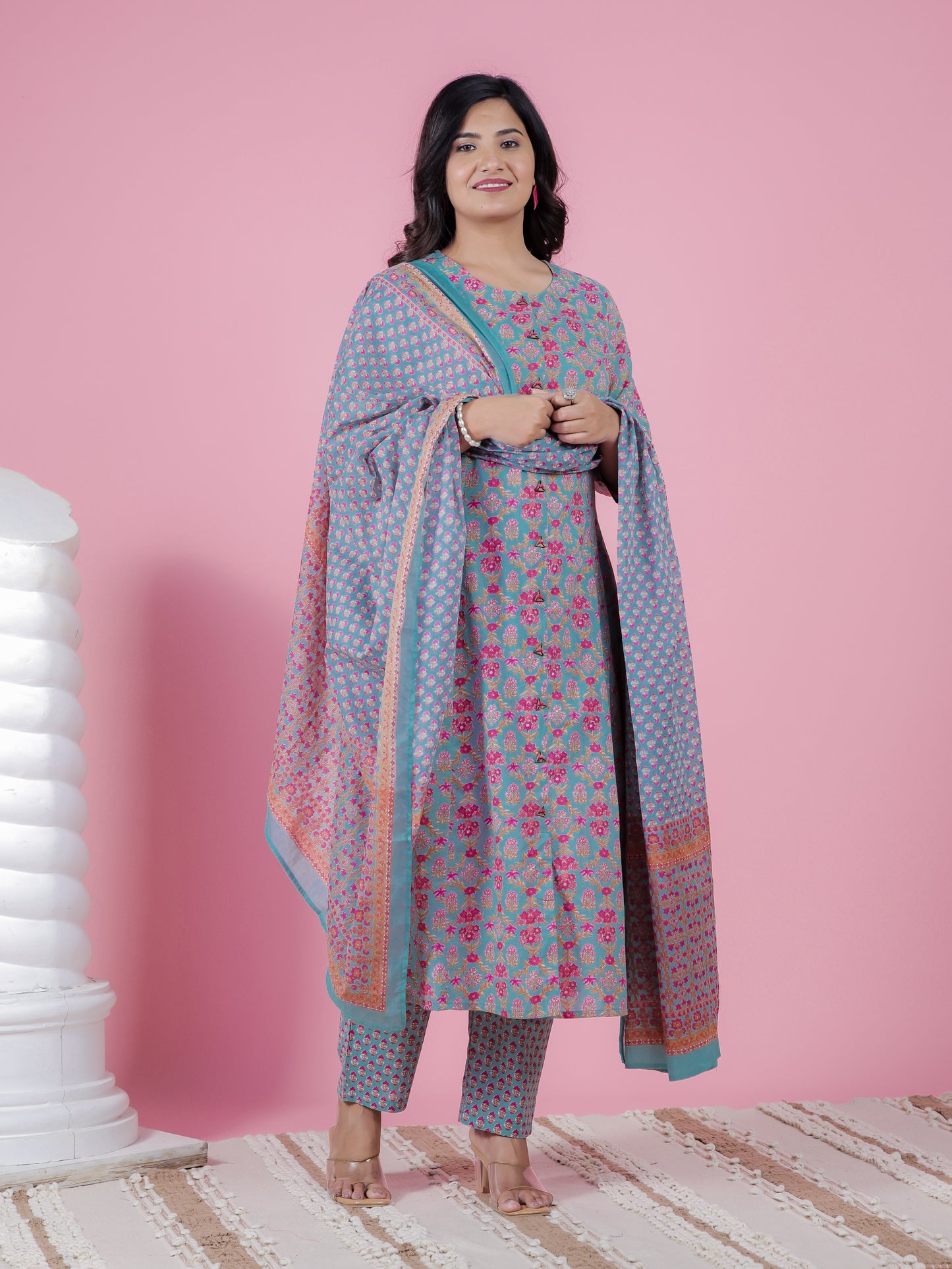 Soft Cotton Floral Flared Turquoise Kurta