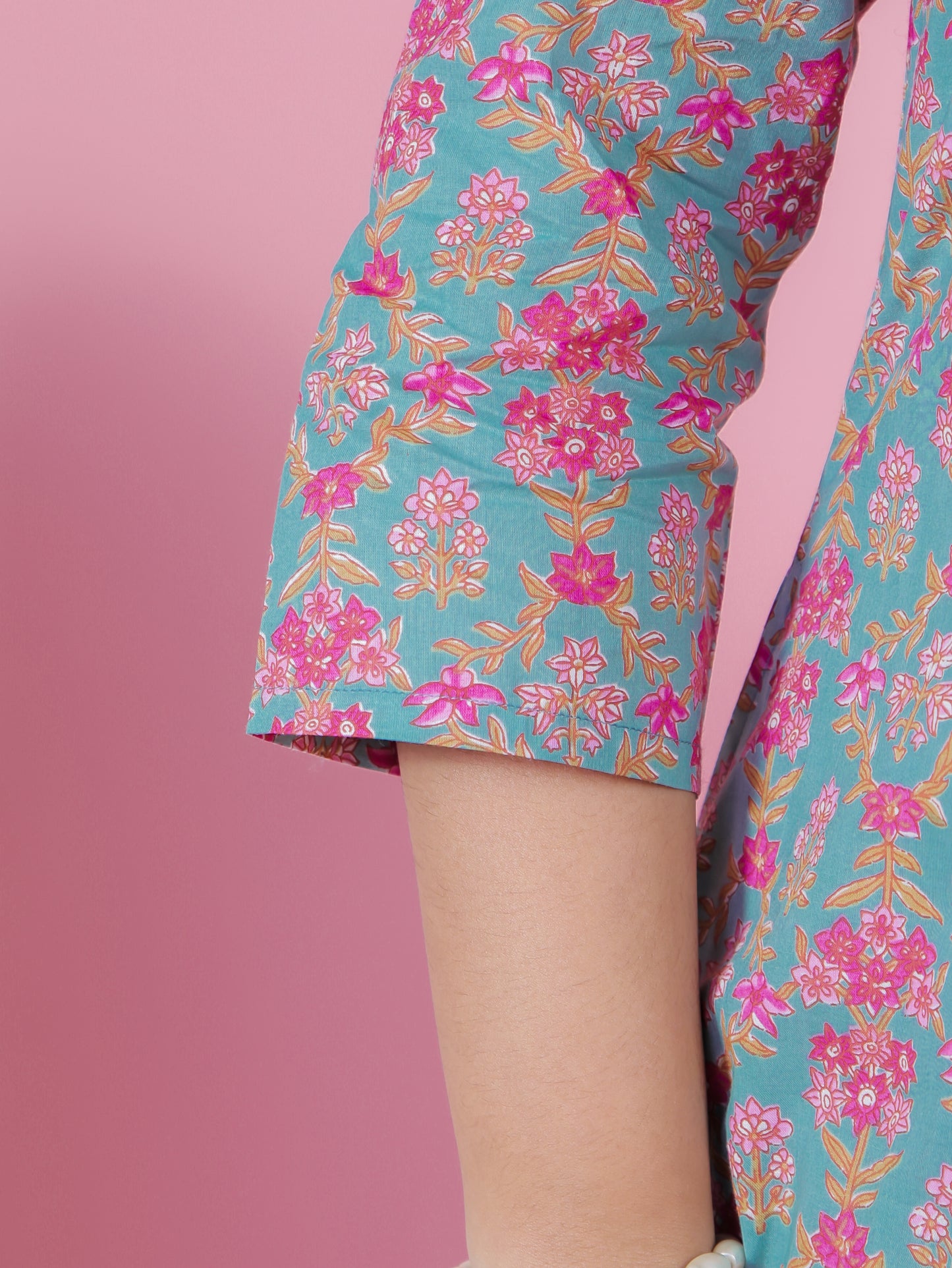 Soft Cotton Floral Flared Turquoise Kurta