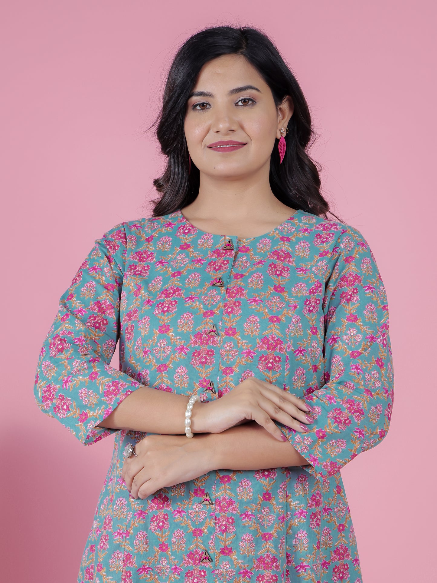 Soft Cotton Floral Flared Turquoise Kurta