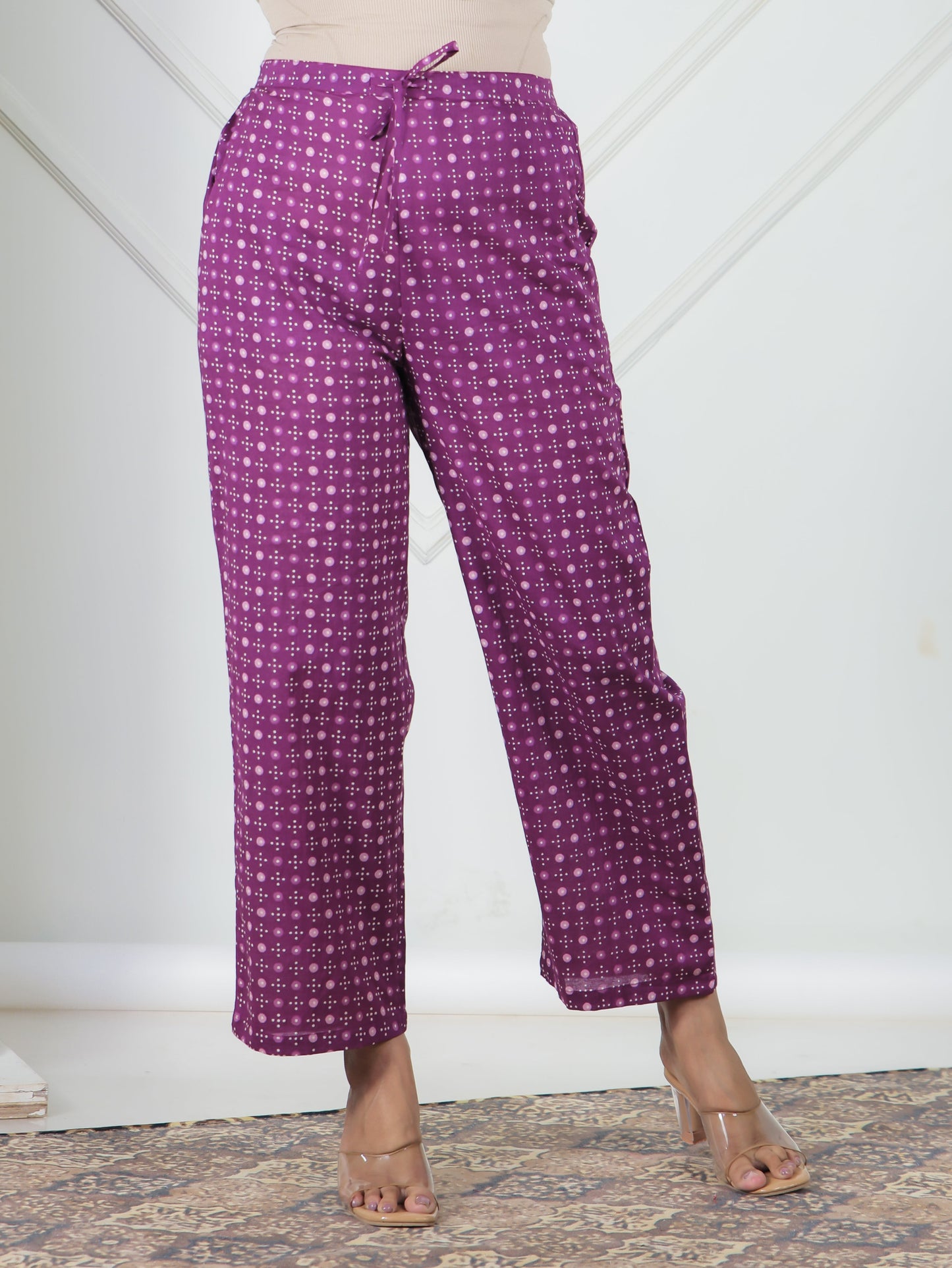 Soft Cotton Bandhani Purple Straight Trousers