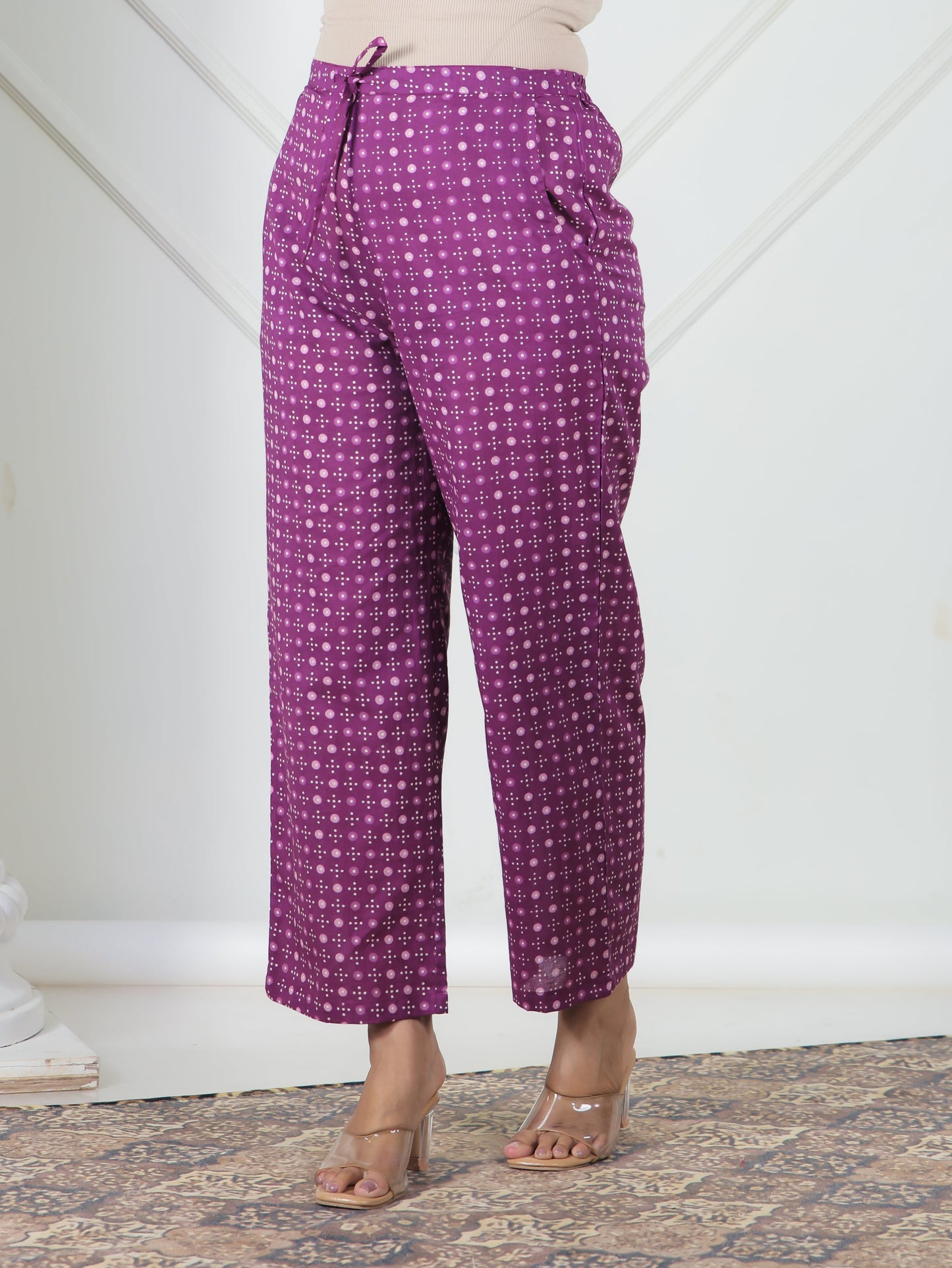 Soft Cotton Bandhani Purple Straight Trousers