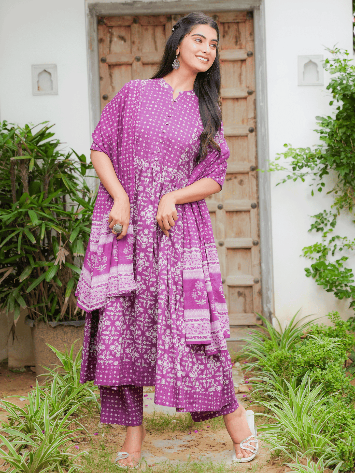Soft Cotton Floral Panelled Purple Kurta