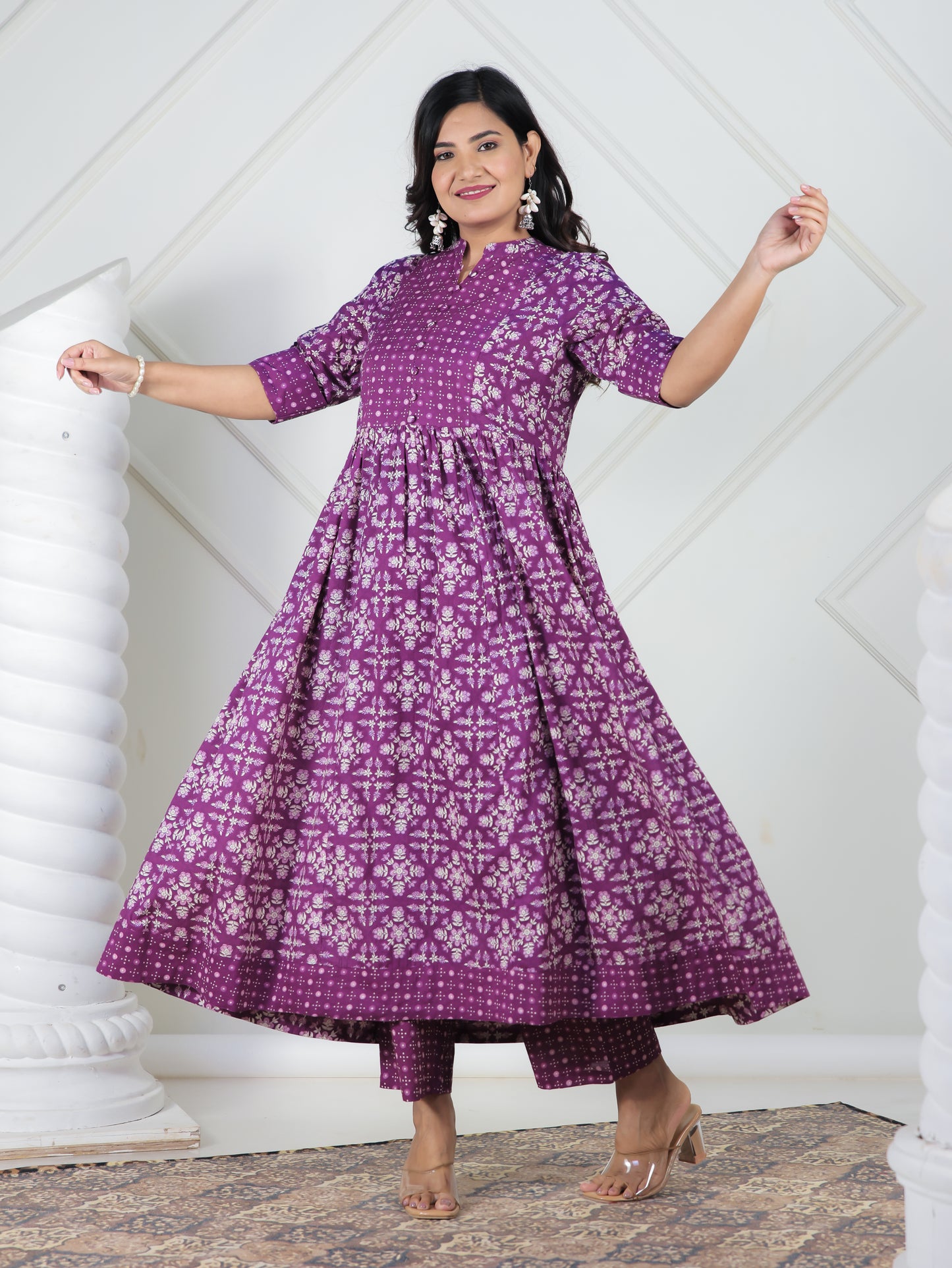 Soft Cotton Floral Panelled Purple Kurta