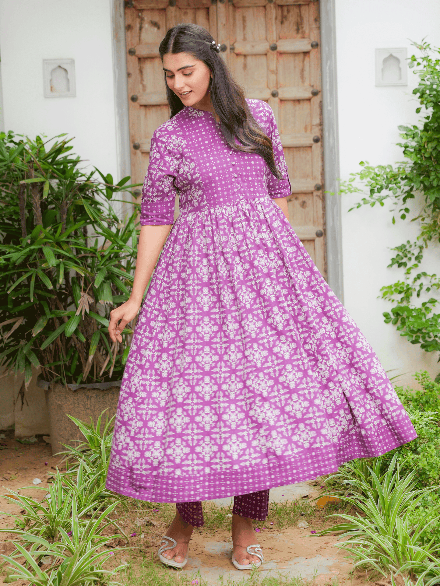 Soft Cotton Floral Panelled Purple Kurta