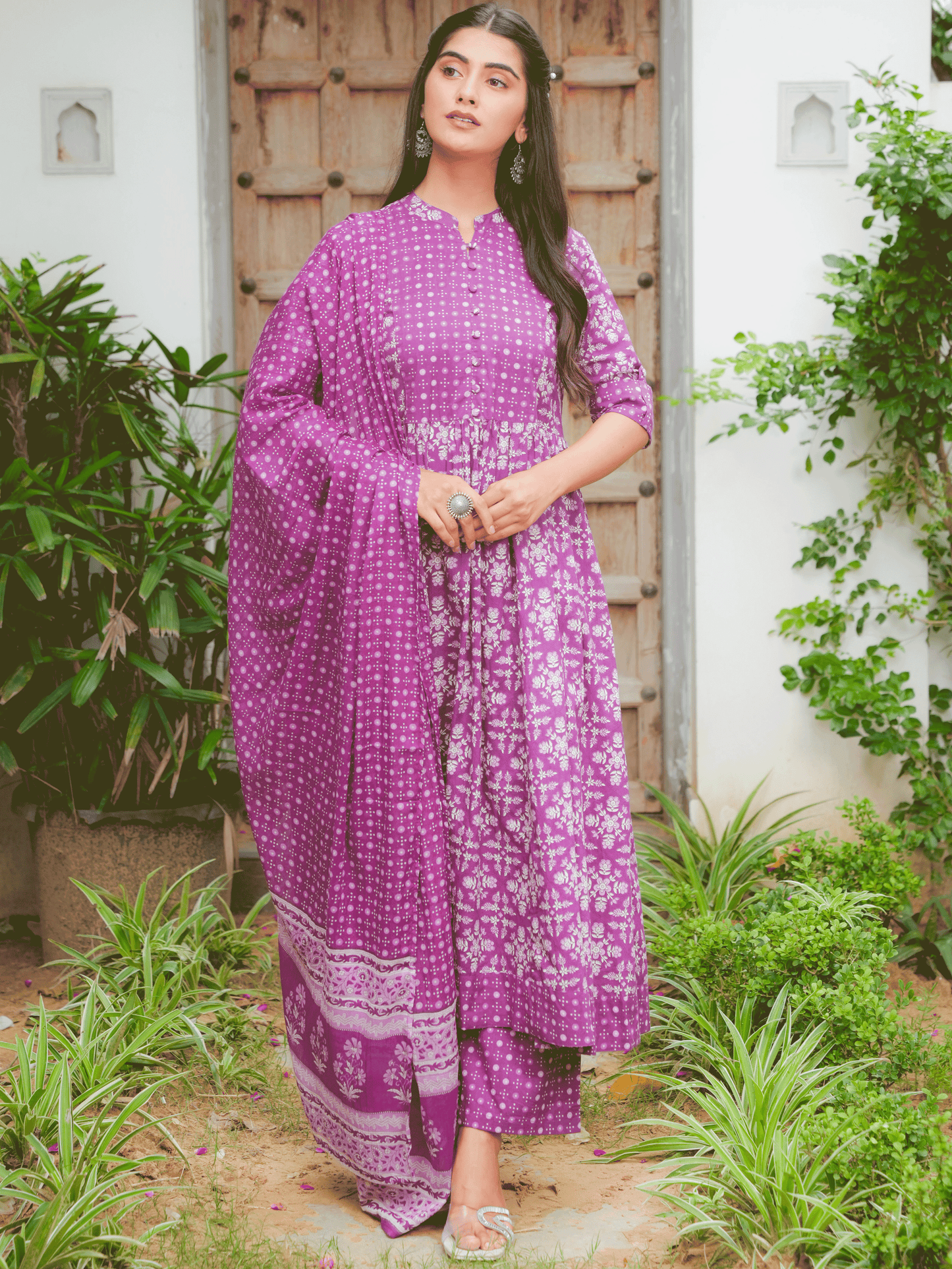 Soft Cotton Floral Panelled Purple Kurta